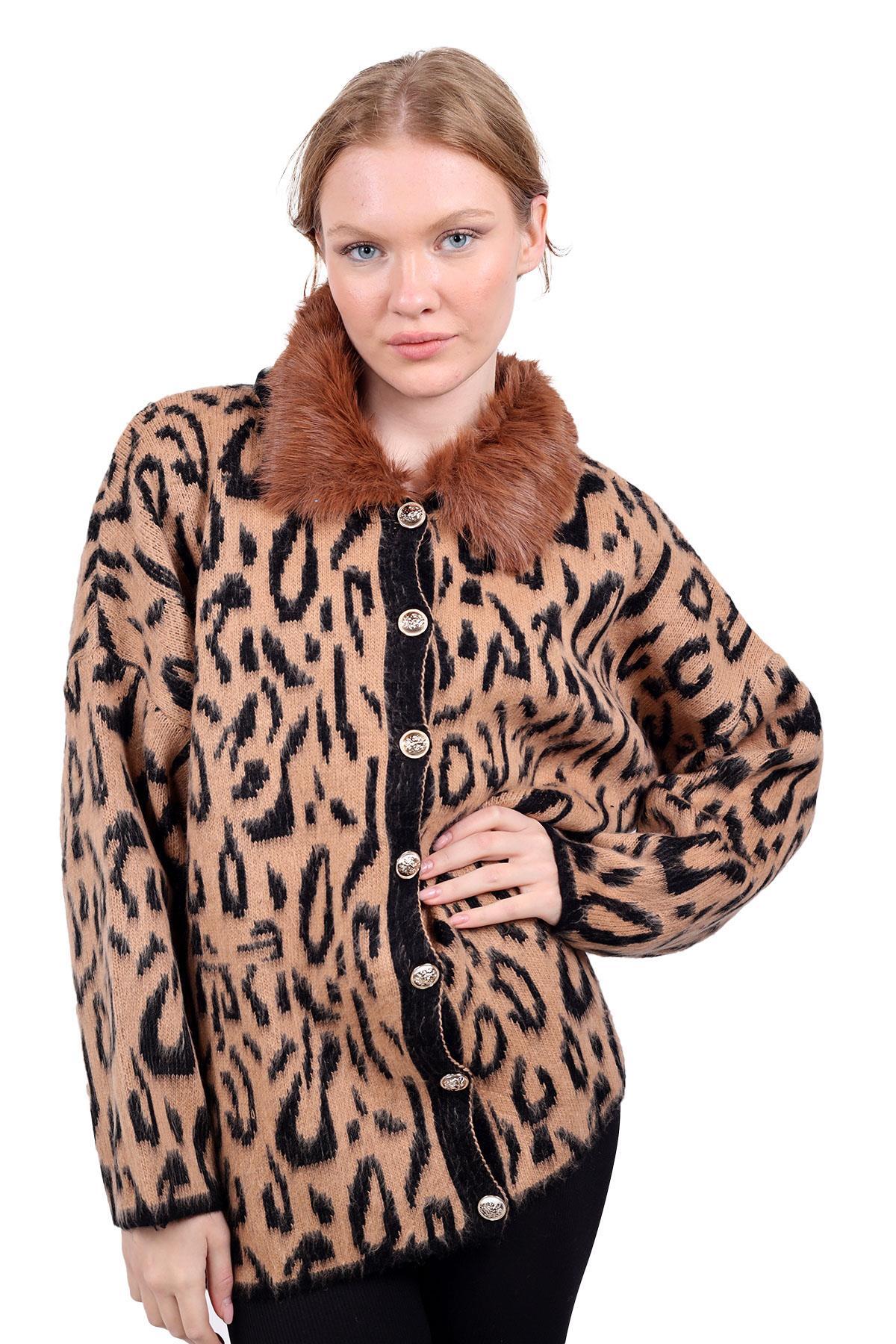 Kahve Leopar Yakası Kürklü Hırka 22288 - 1
