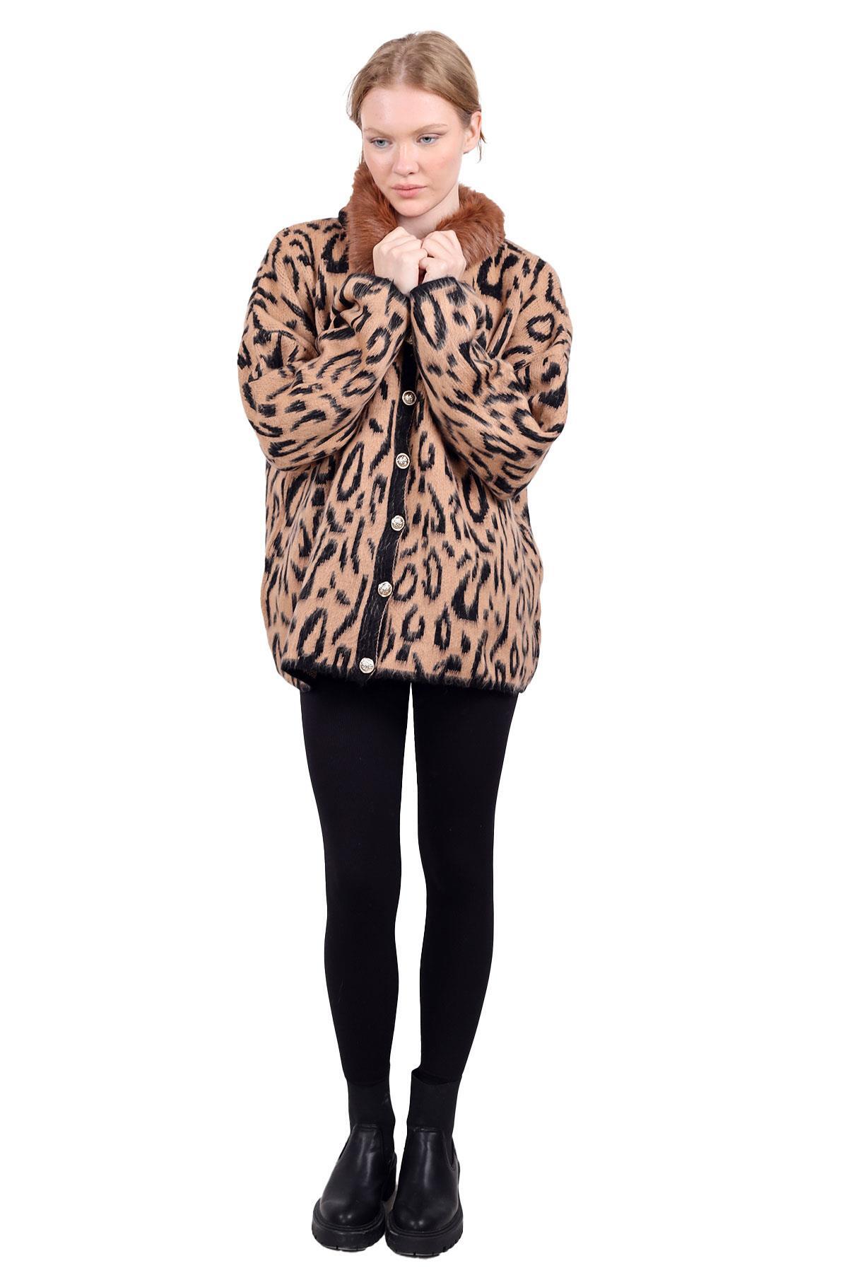 Leopar Yakası Kürklü Hırka 22288 Kahve - RAYS