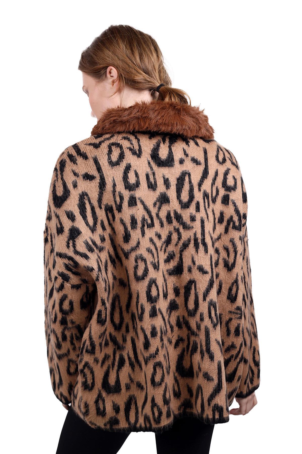Leopar Yakası Kürklü Hırka 22288 Kahve - 6