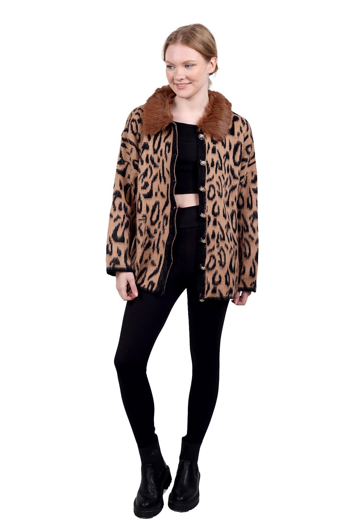 Leopar Yakası Kürklü Hırka 22288 Kahve - 7