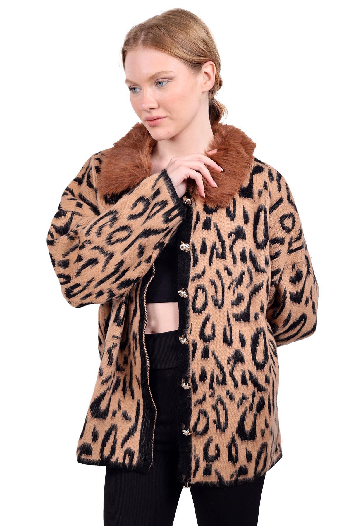 Leopar Yakası Kürklü Hırka 22288 Kahve - 8