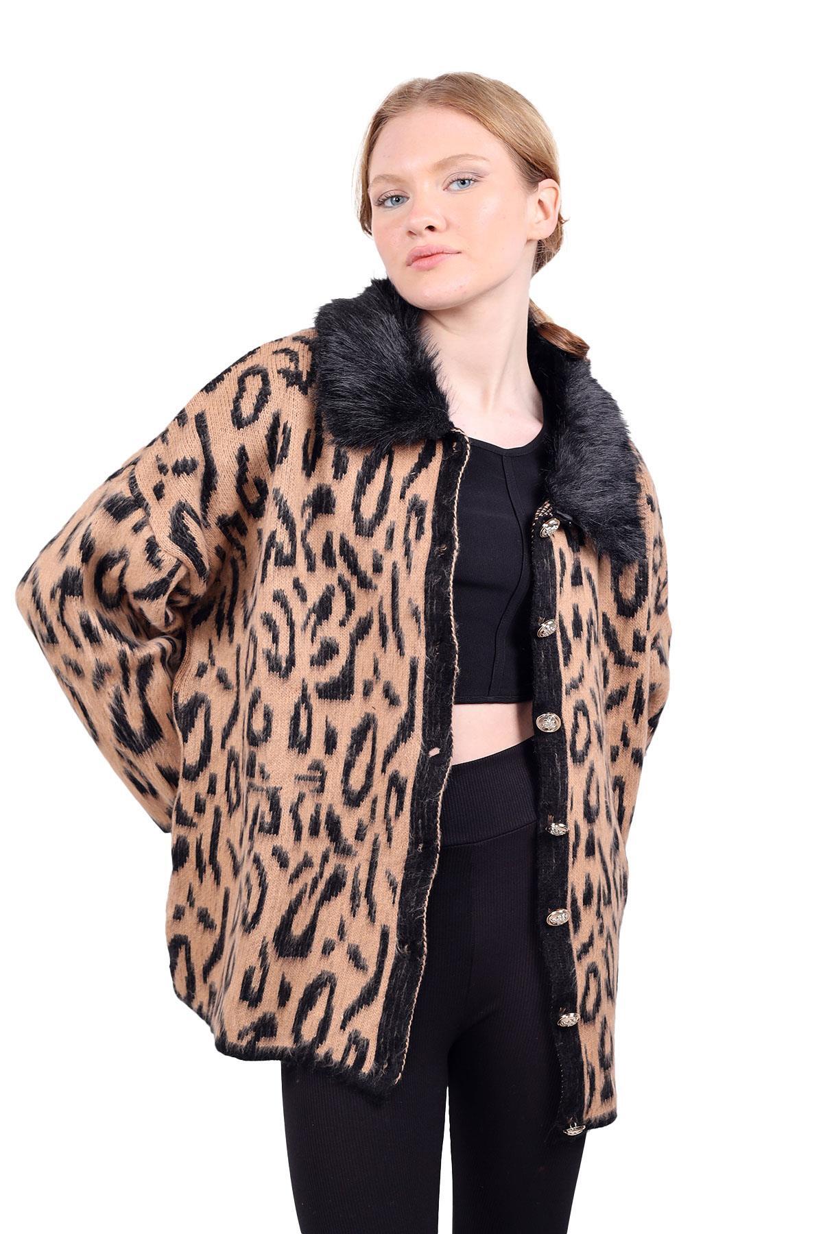 22288 Leopar Yakası Kürklü Hırka Siyah - RAYS