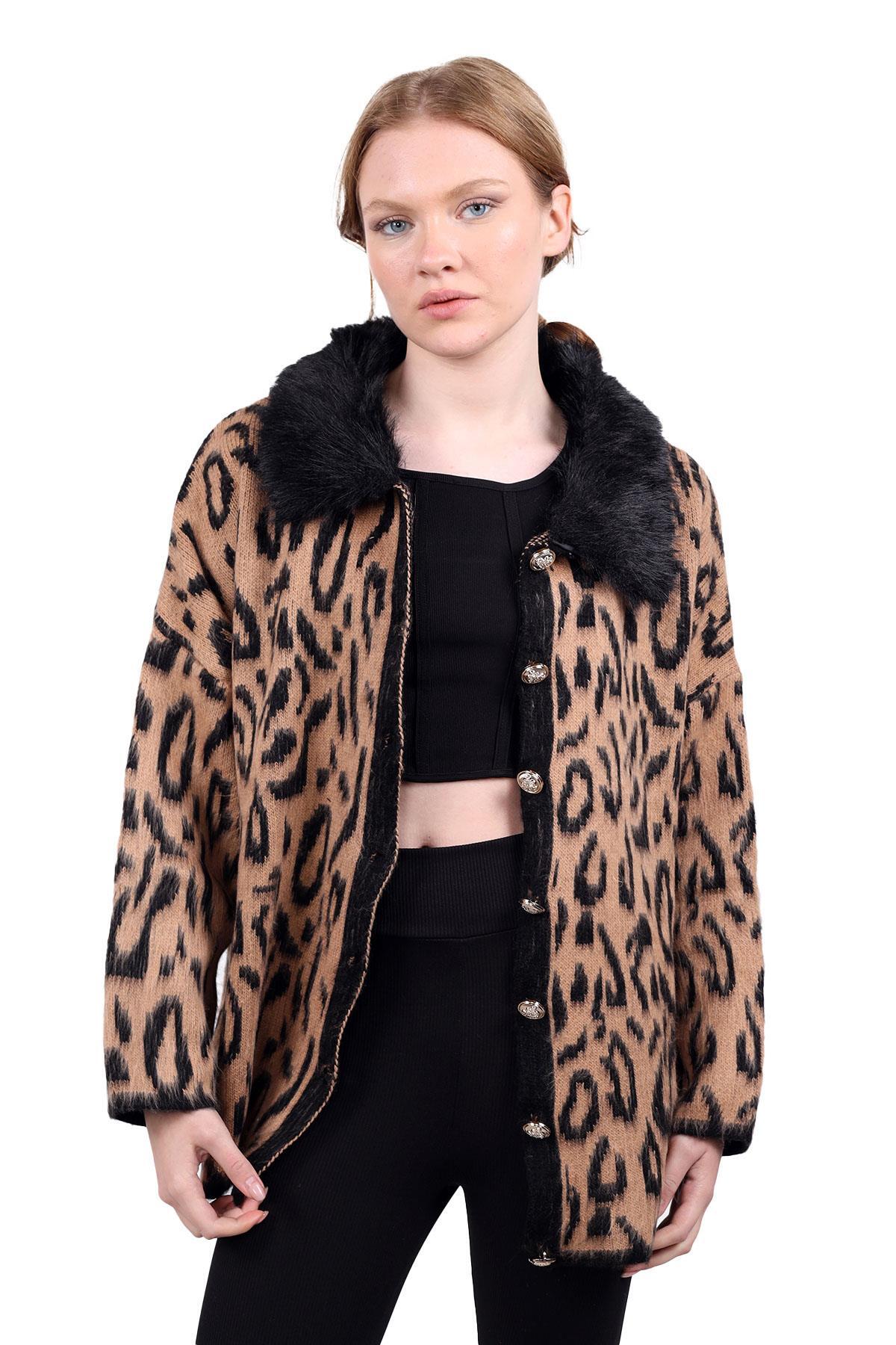 Siyah Leopar Yakası Kürklü Hırka 22288 
