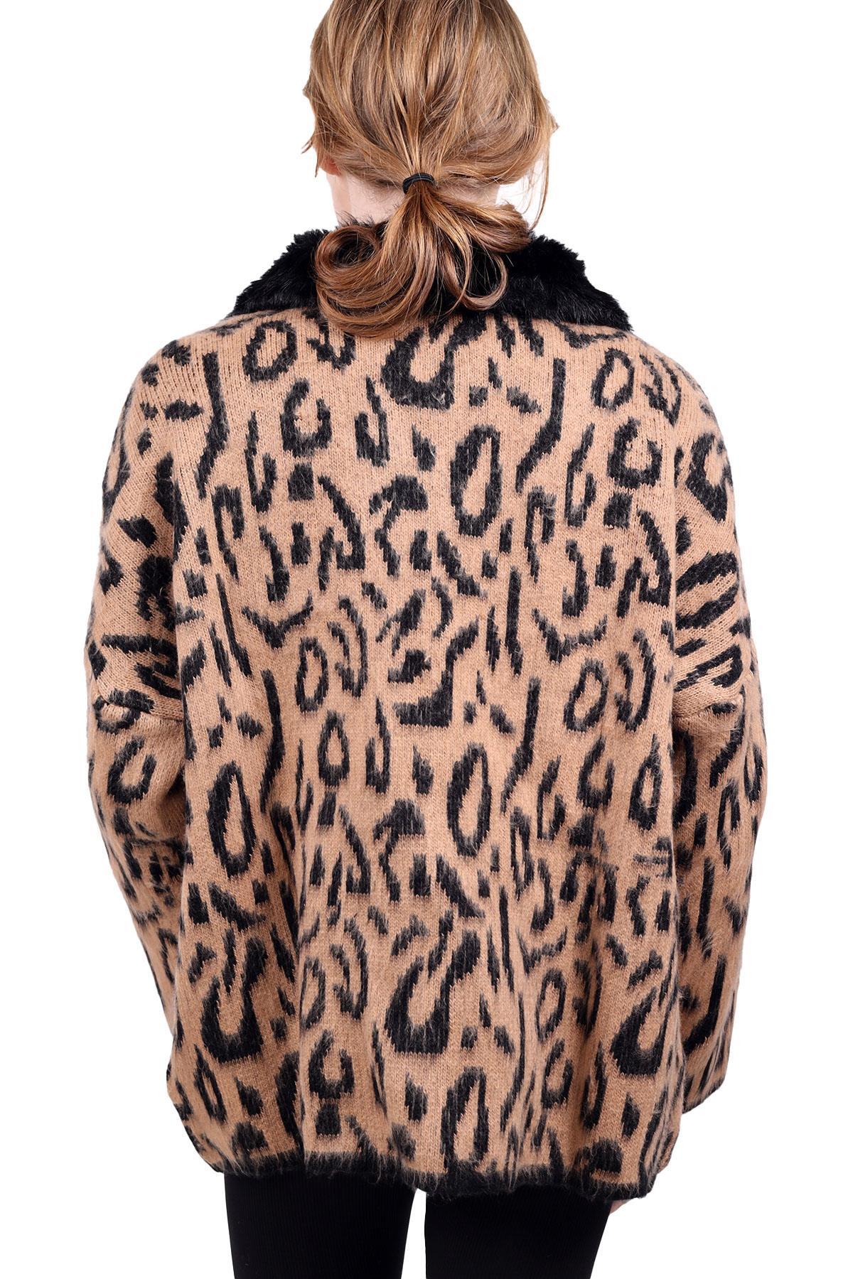 Siyah Leopar Yakası Kürklü Hırka 22288 - 6