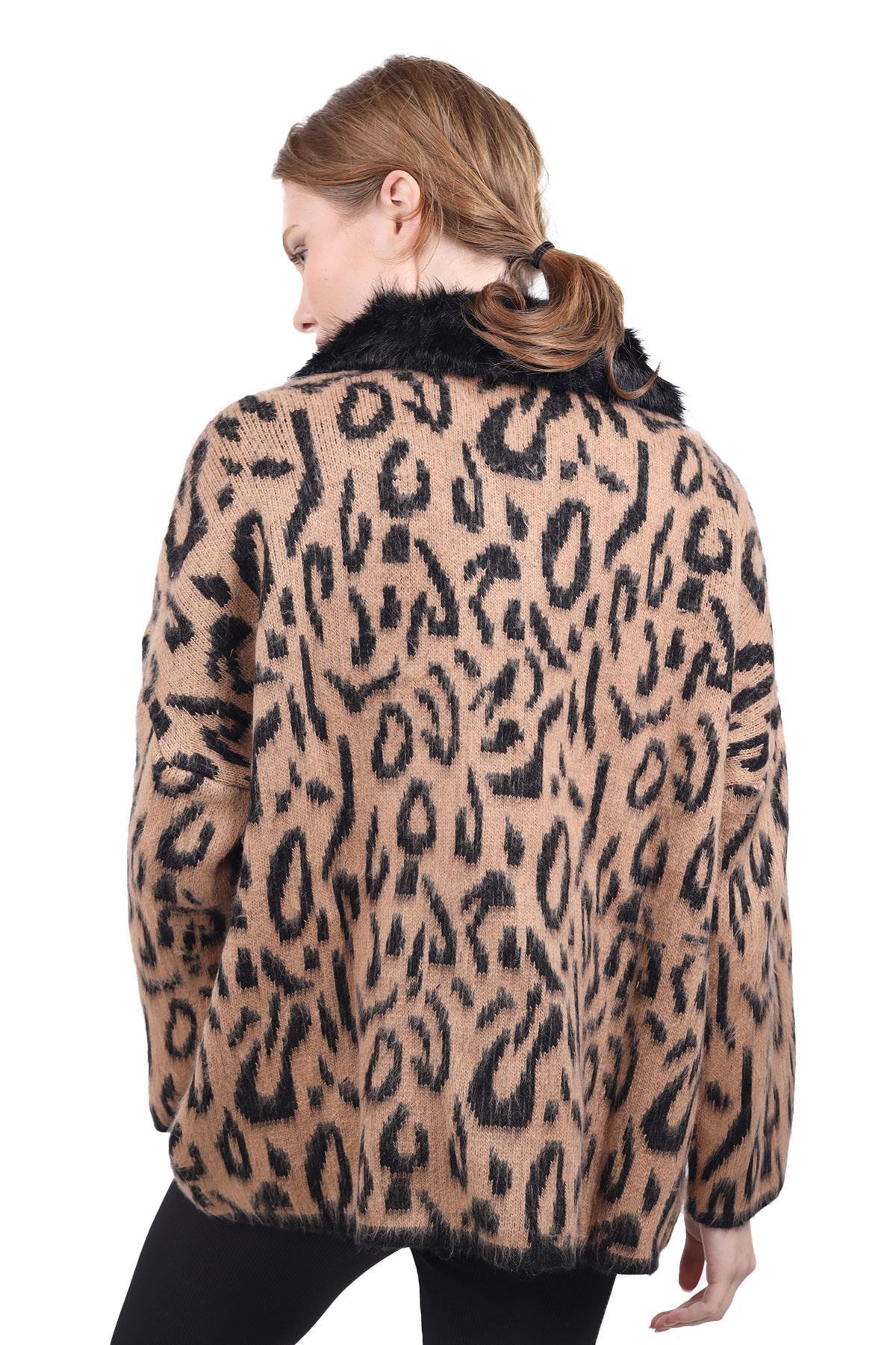 Siyah Leopar Yakası Kürklü Hırka 22288 - 3