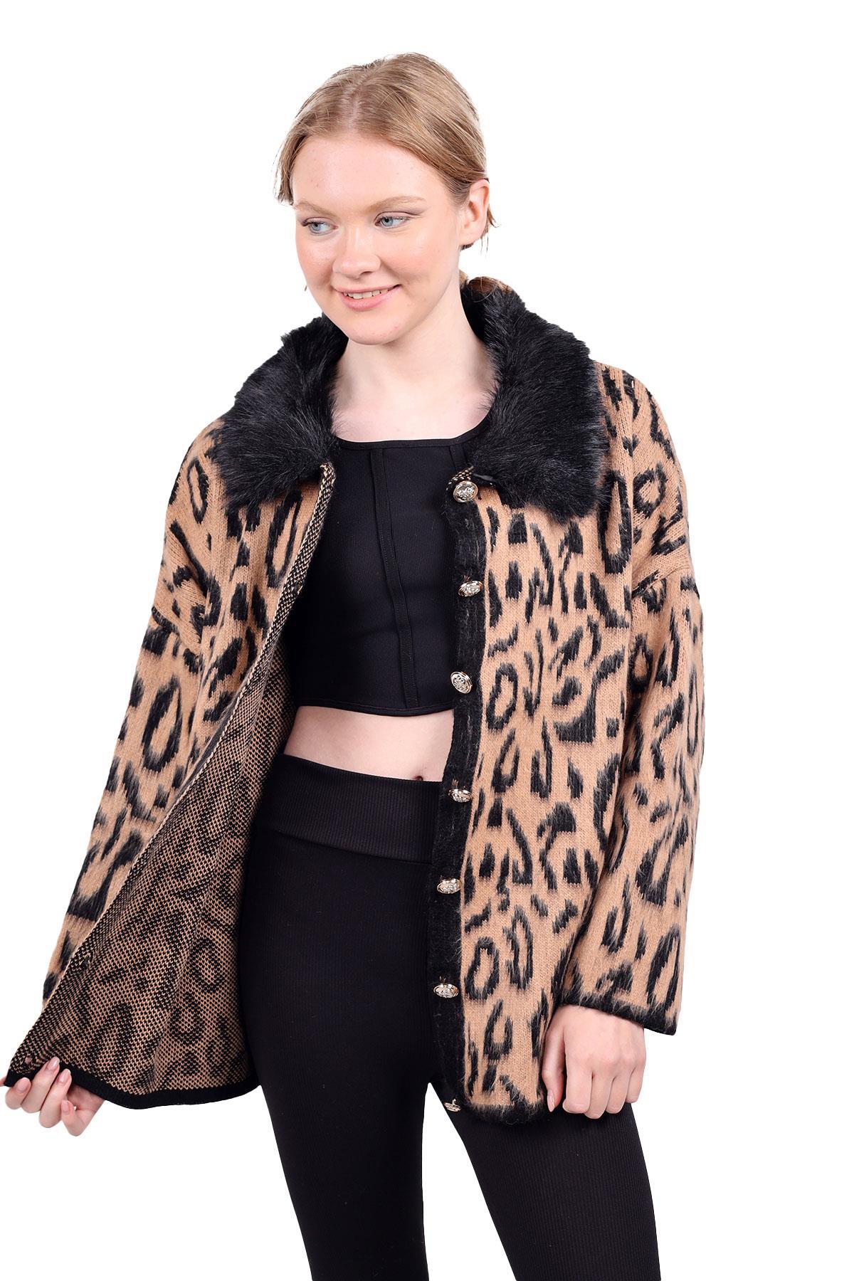 Siyah Leopar Yakası Kürklü Hırka 22288 - 4