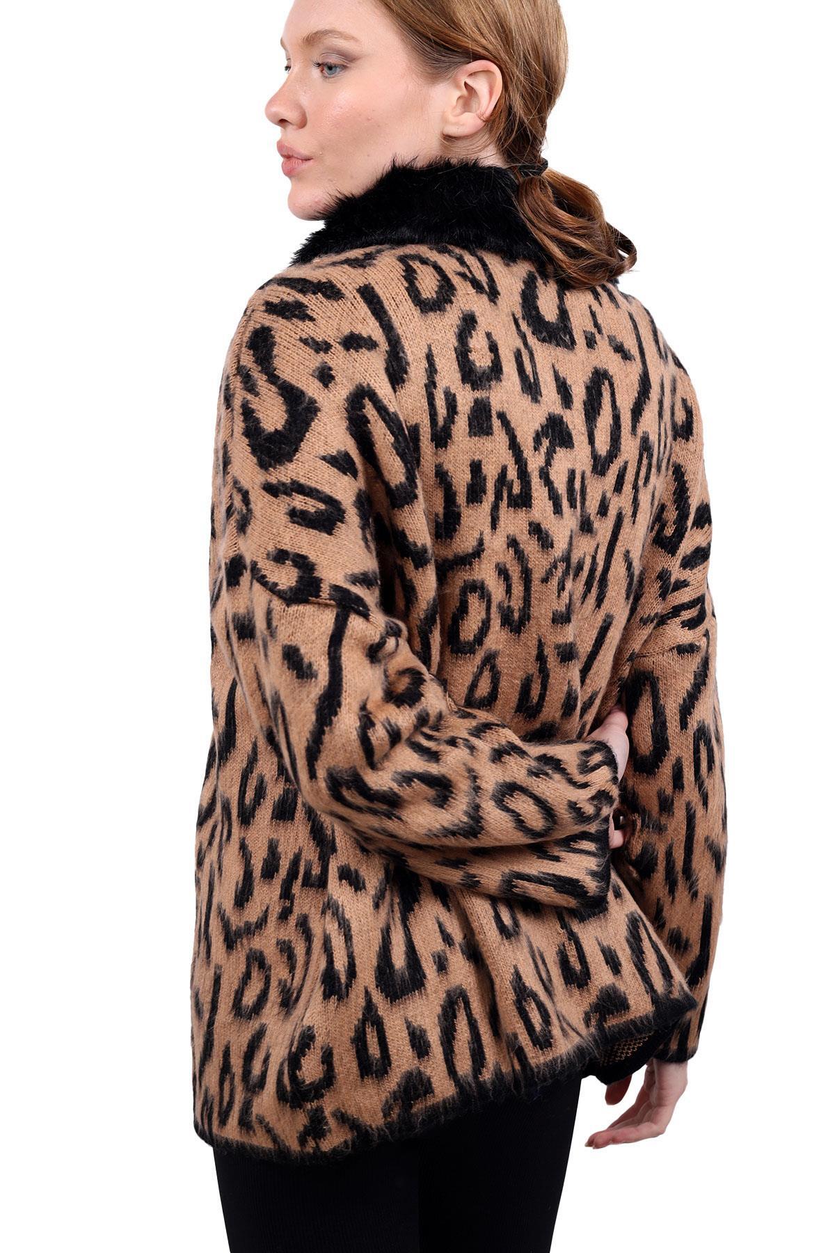 Siyah Leopar Yakası Kürklü Hırka 22288 - 5
