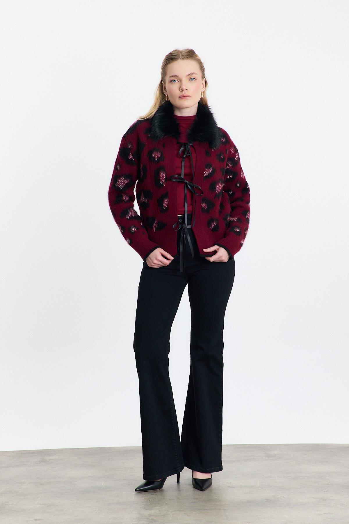 Bordo Kürklü Leopar Hırka 22289 - 2