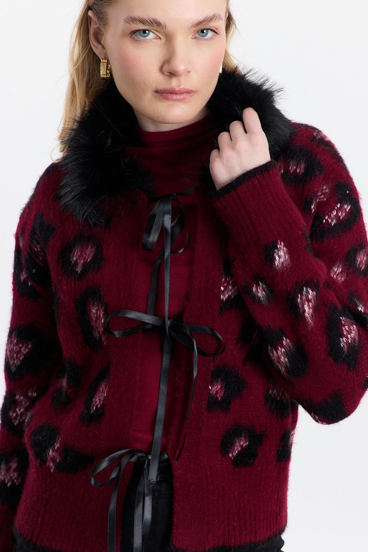 Bordo Kürklü Leopar Hırka 22289 - 4