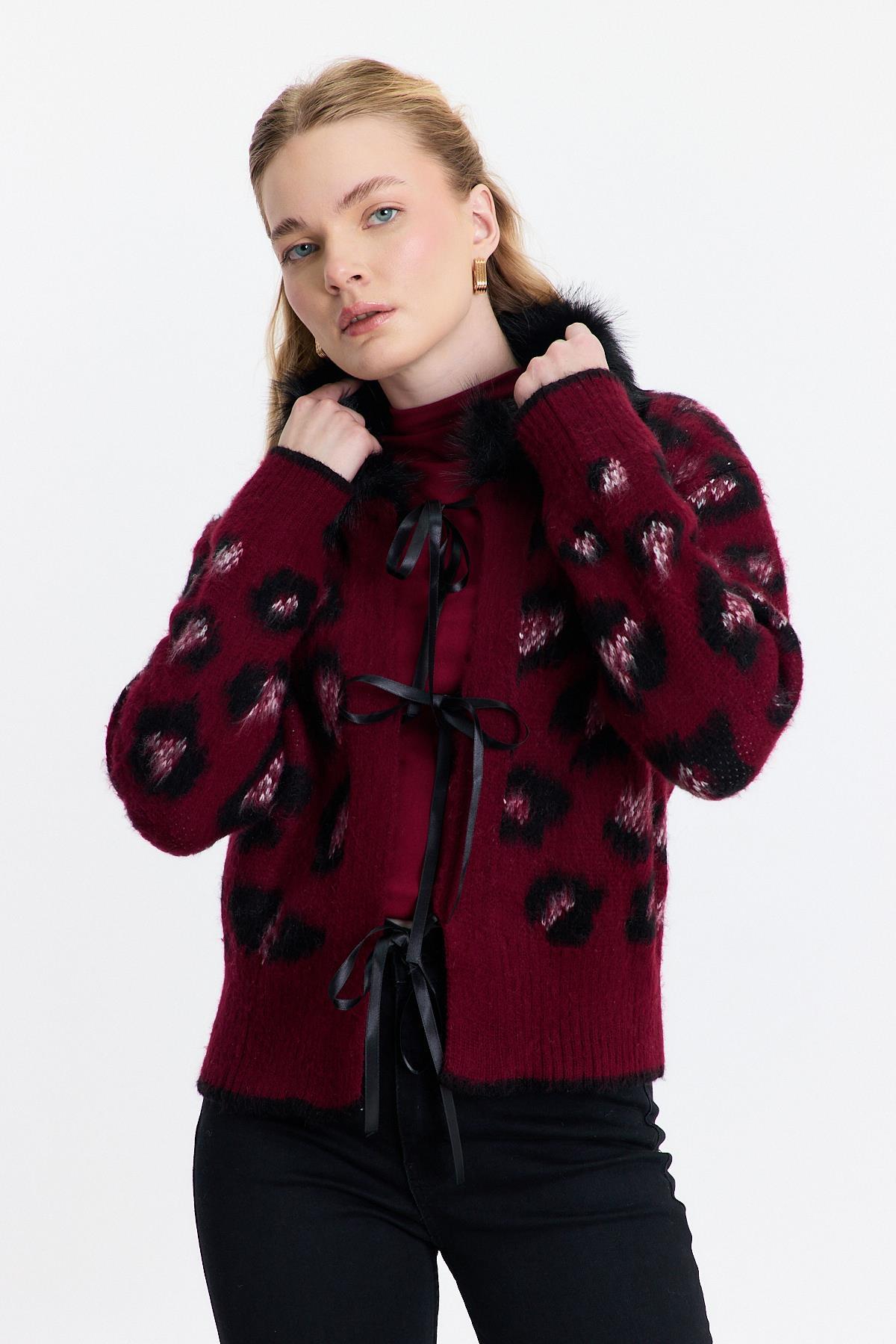 Bordo Kürklü Leopar Hırka 22289 - 7