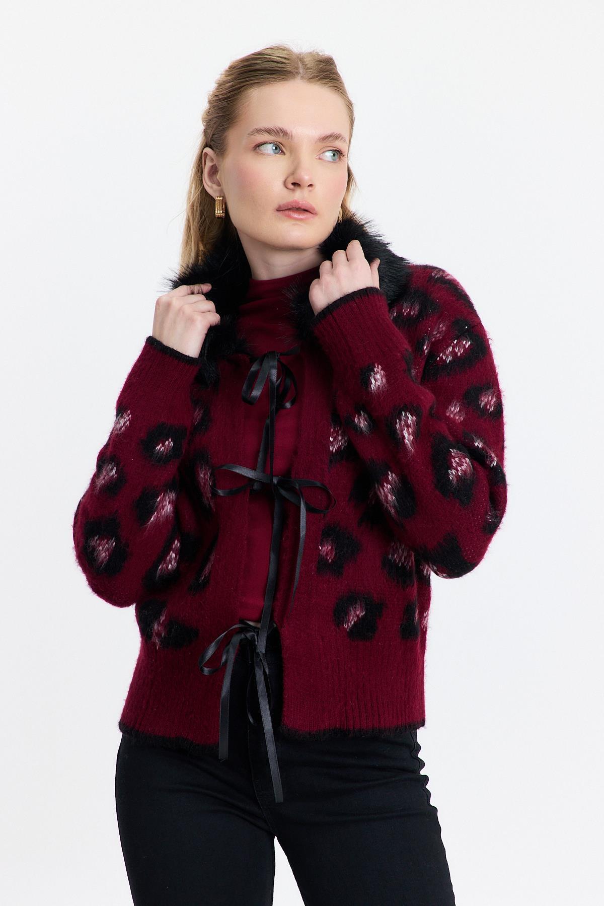 Bordo Kürklü Leopar Hırka 22289 - RAYS