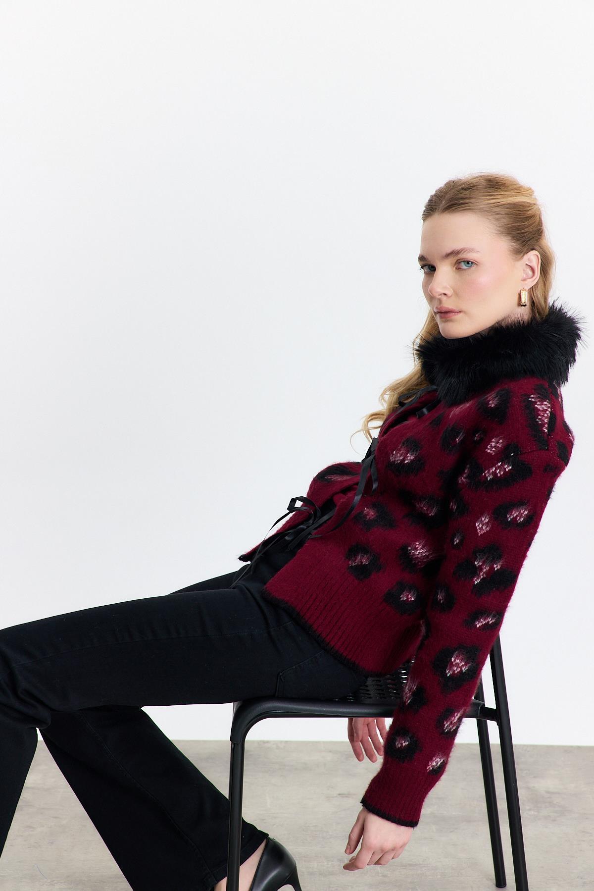 Kürklü Leopar Hırka 22289 Bordo - RAYS