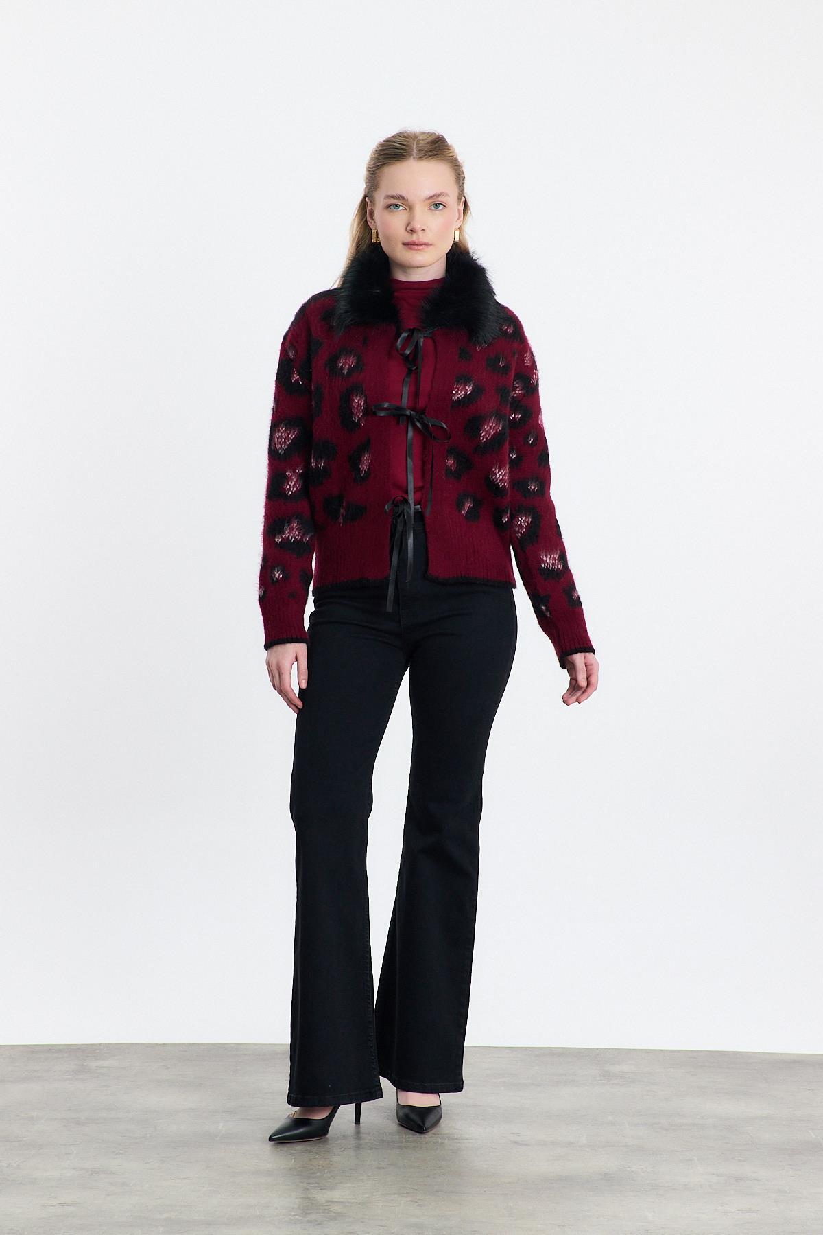 Kürklü Leopar Hırka 22289 Bordo - 6