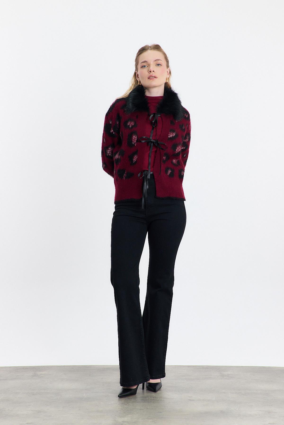 Kürklü Leopar Hırka 22289 Bordo - 8