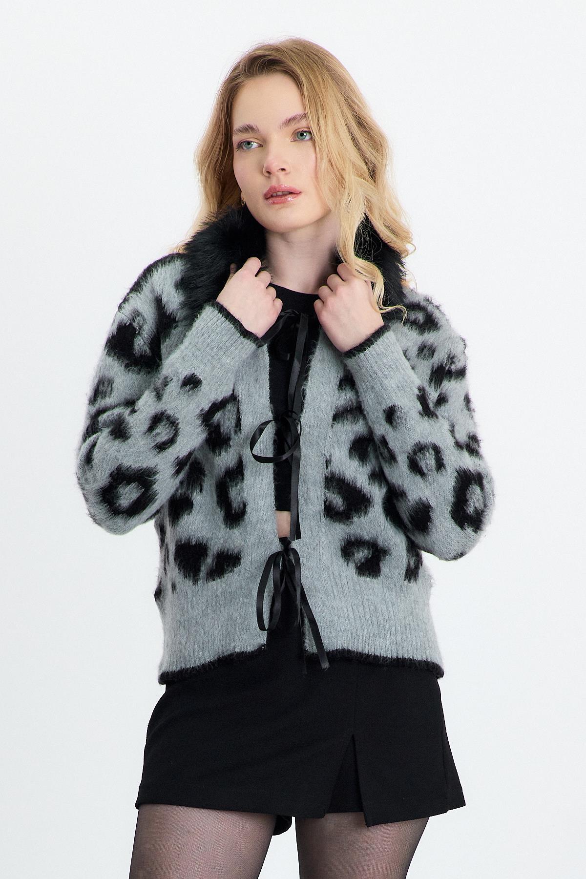 22289 Kürklü Leopar Hırka Gri - RAYS