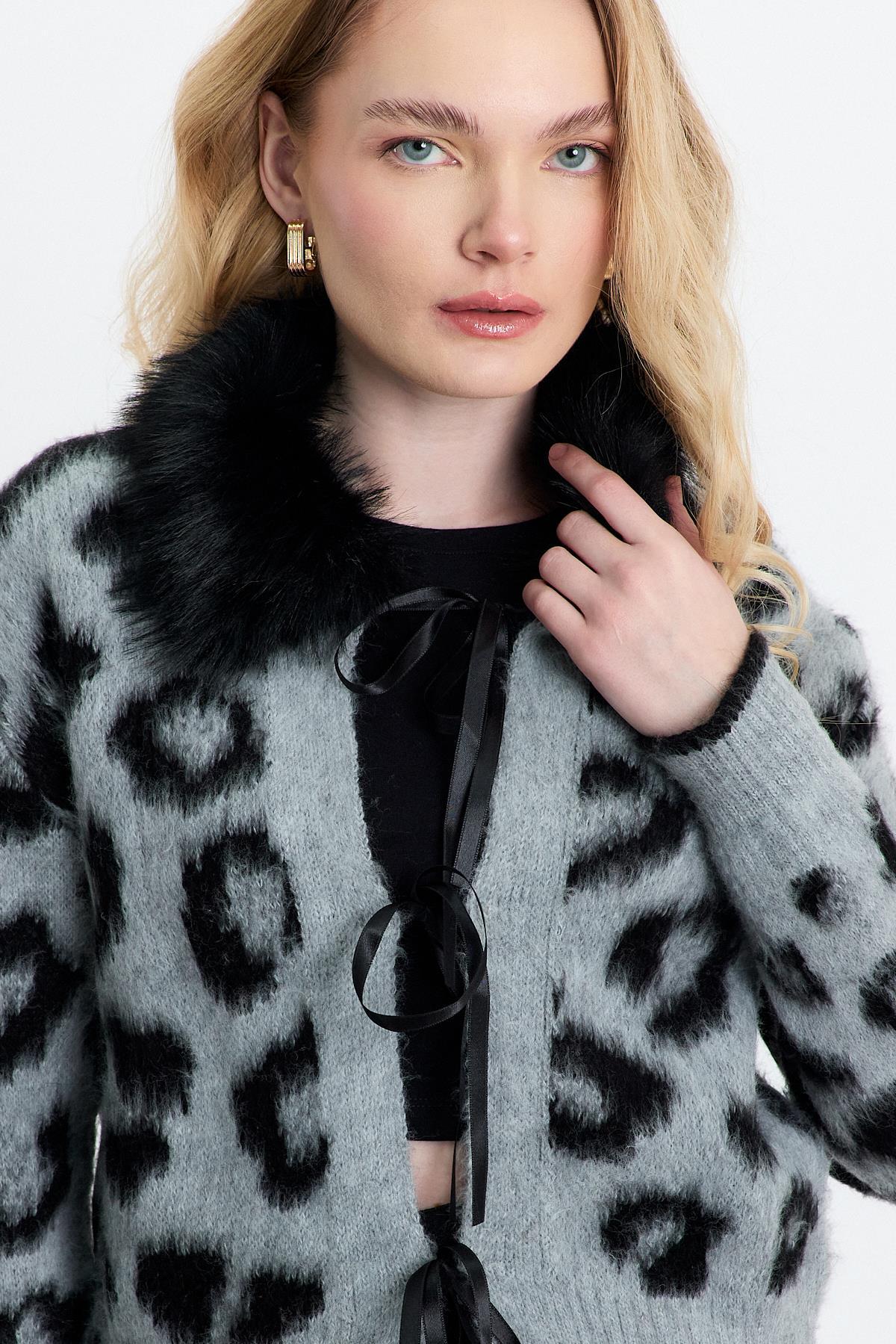 Gri Kürklü Leopar Hırka 22289 - 4