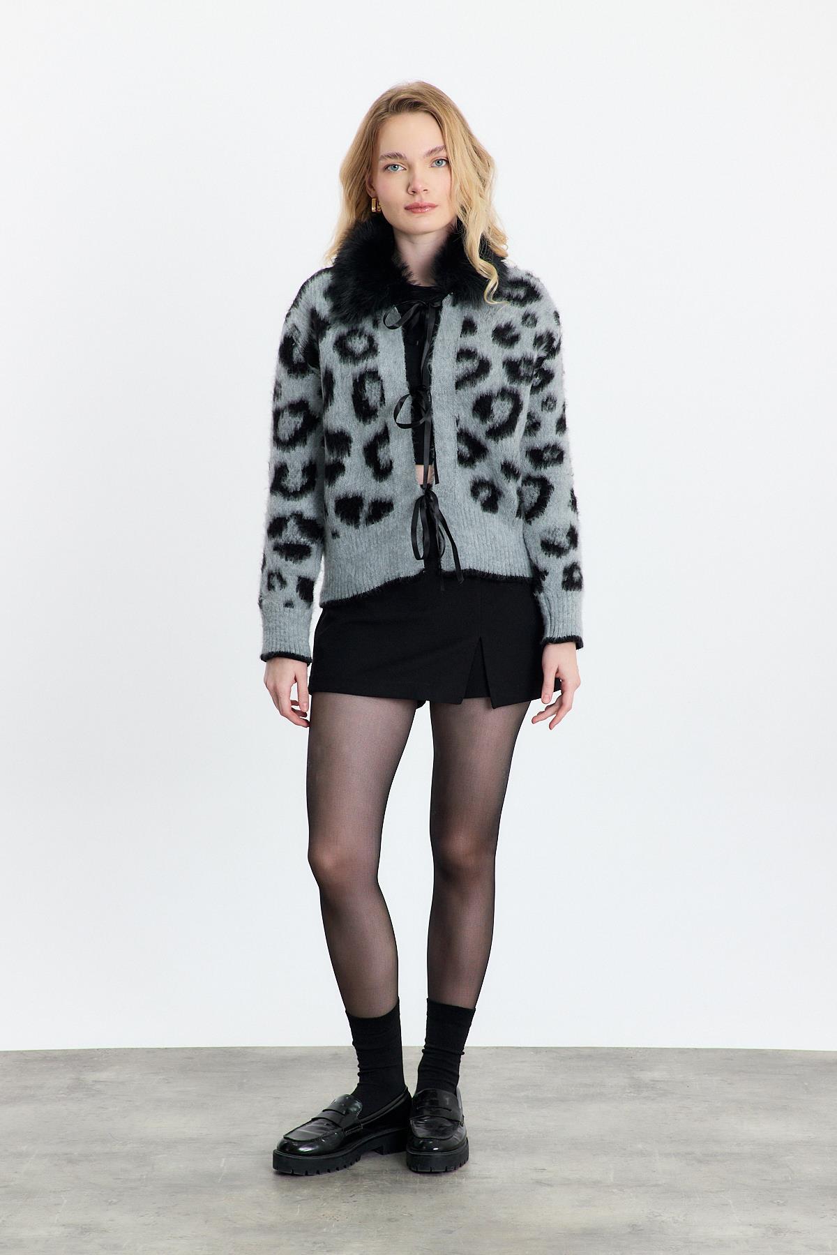 Kürklü Leopar Hırka 22289 Gri - RAYS