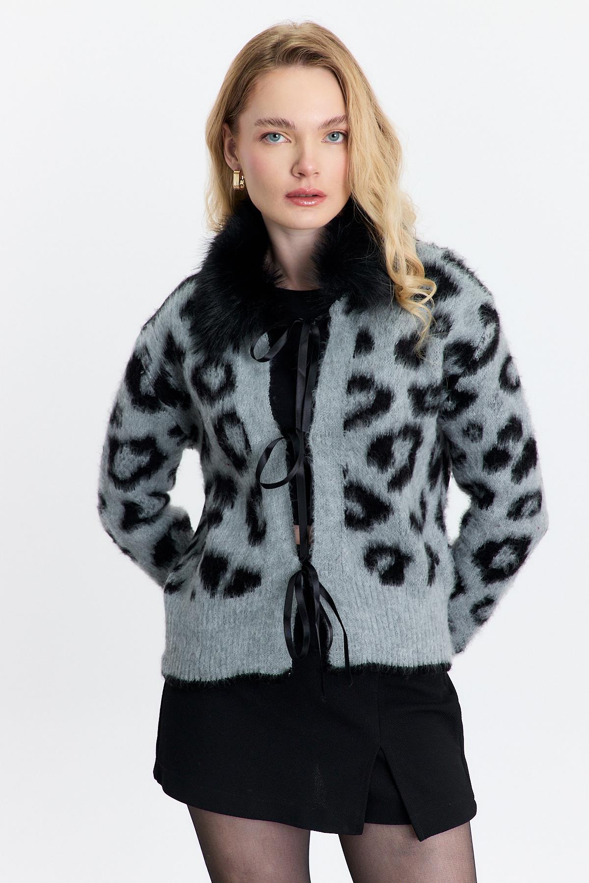 Kürklü Leopar Hırka 22289 Gri - RAYS