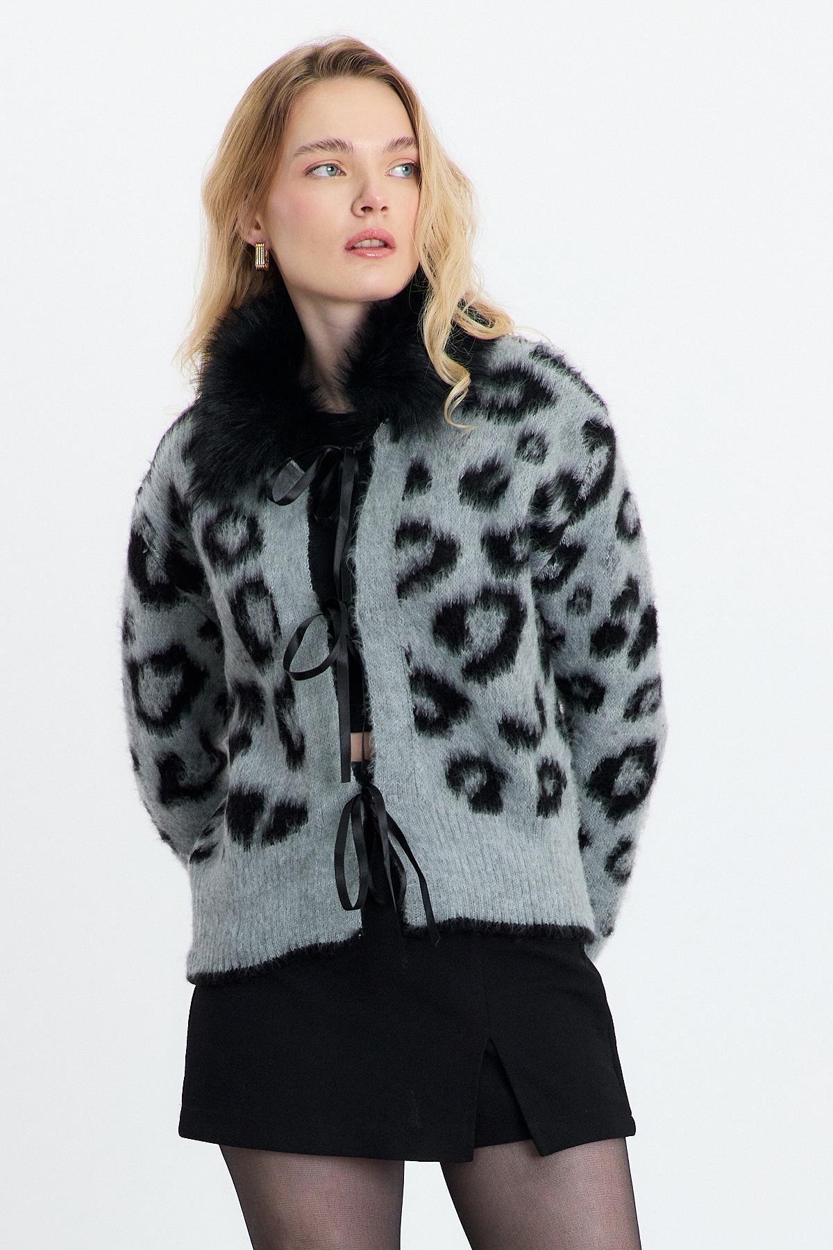 Kürklü Leopar Hırka 22289 Gri - 6