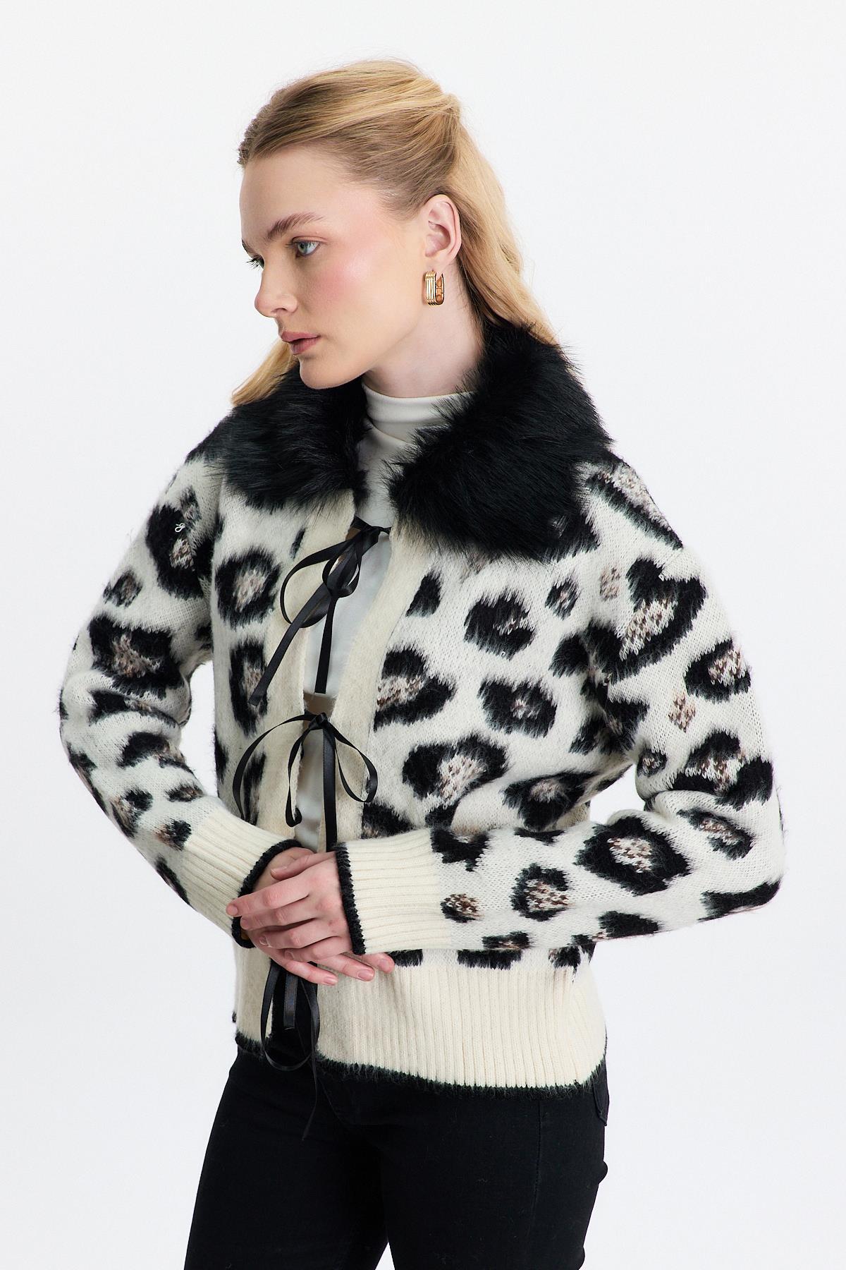 22289 Kürklü Leopar Hırka Siyah - RAYS