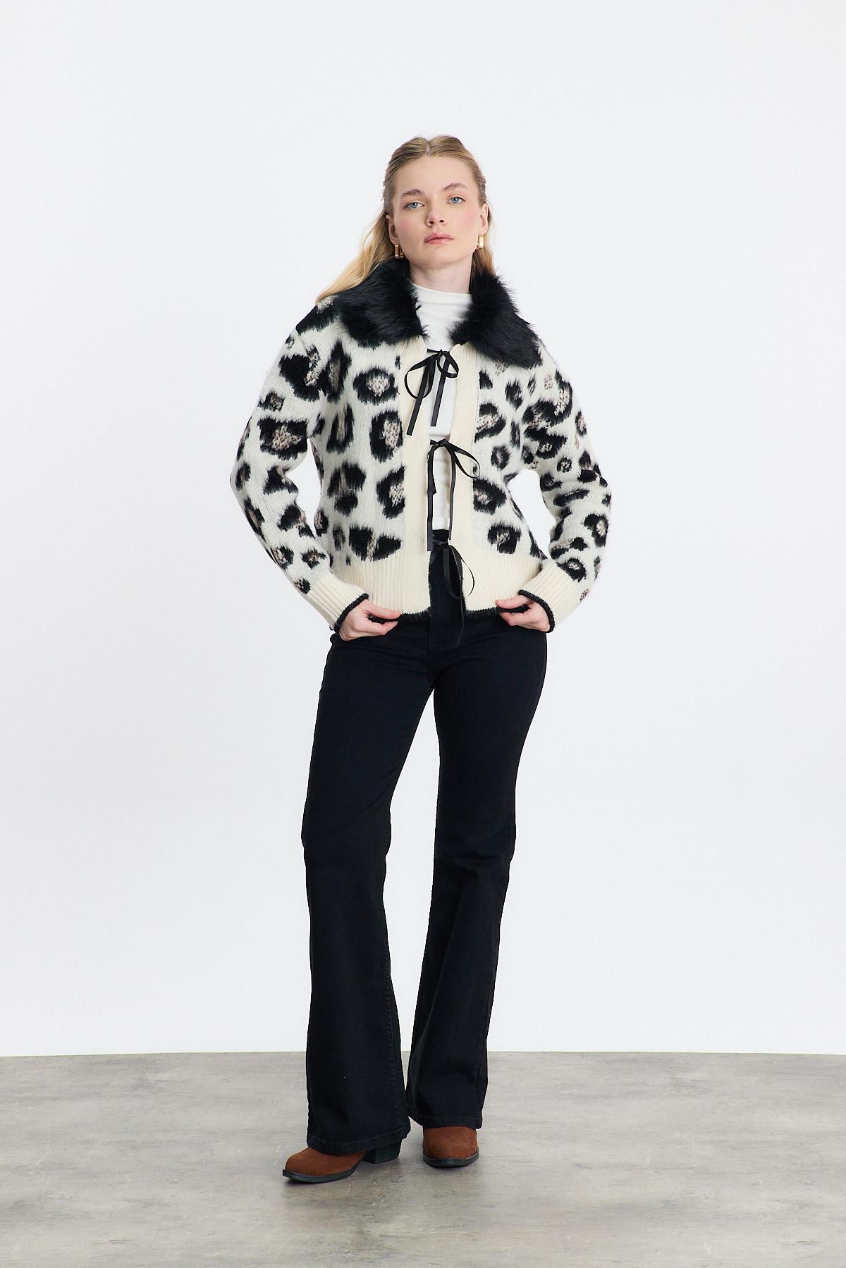 Siyah Leopar Kürklü Leopar Hırka 22289 - 4