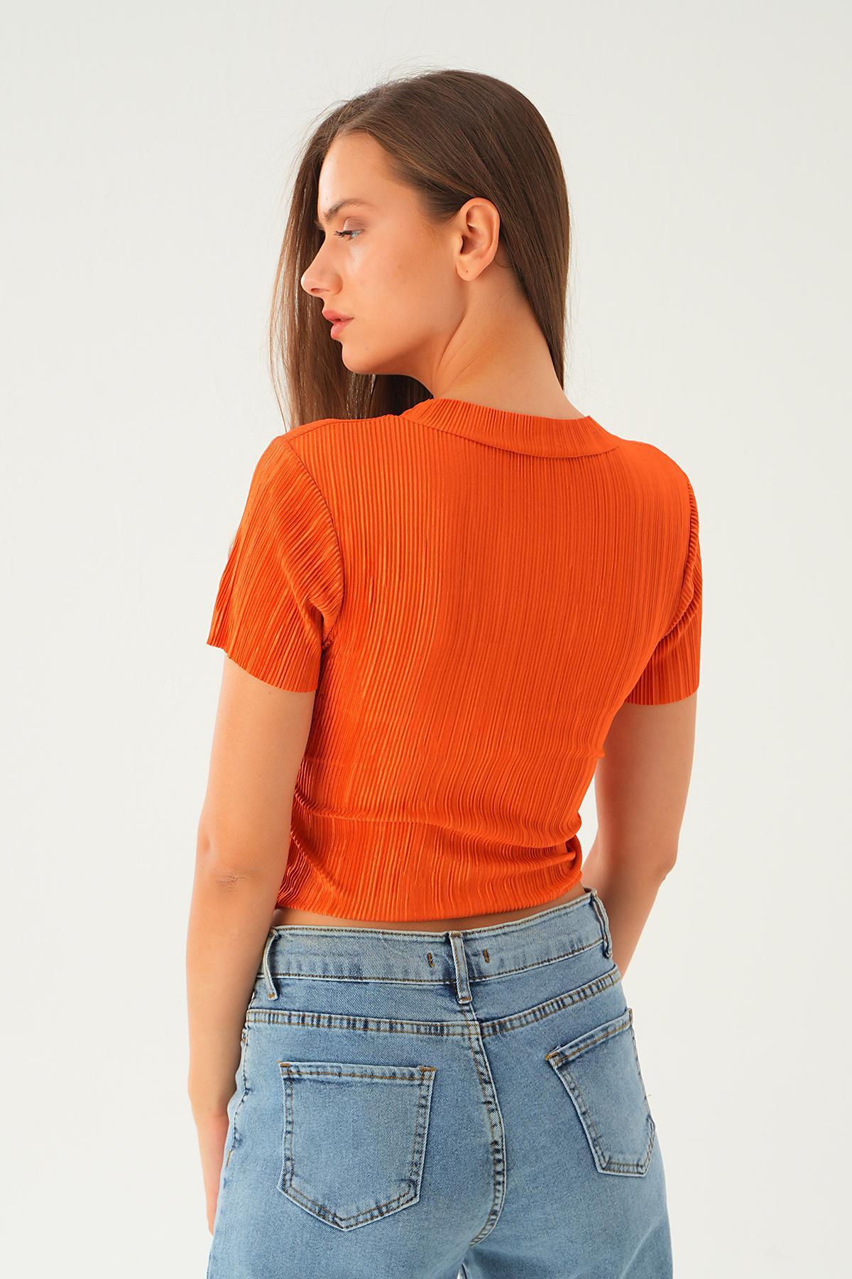 Kiremit Kısa Kol Pliseli Tişört 223 - 5