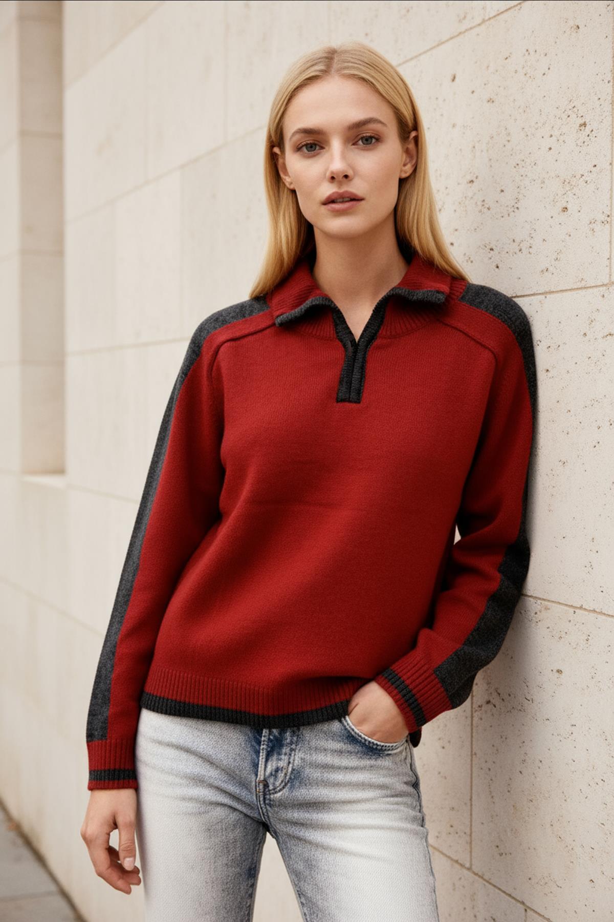 2233 Omuz Yaka Detay Kazak Bordo - 2