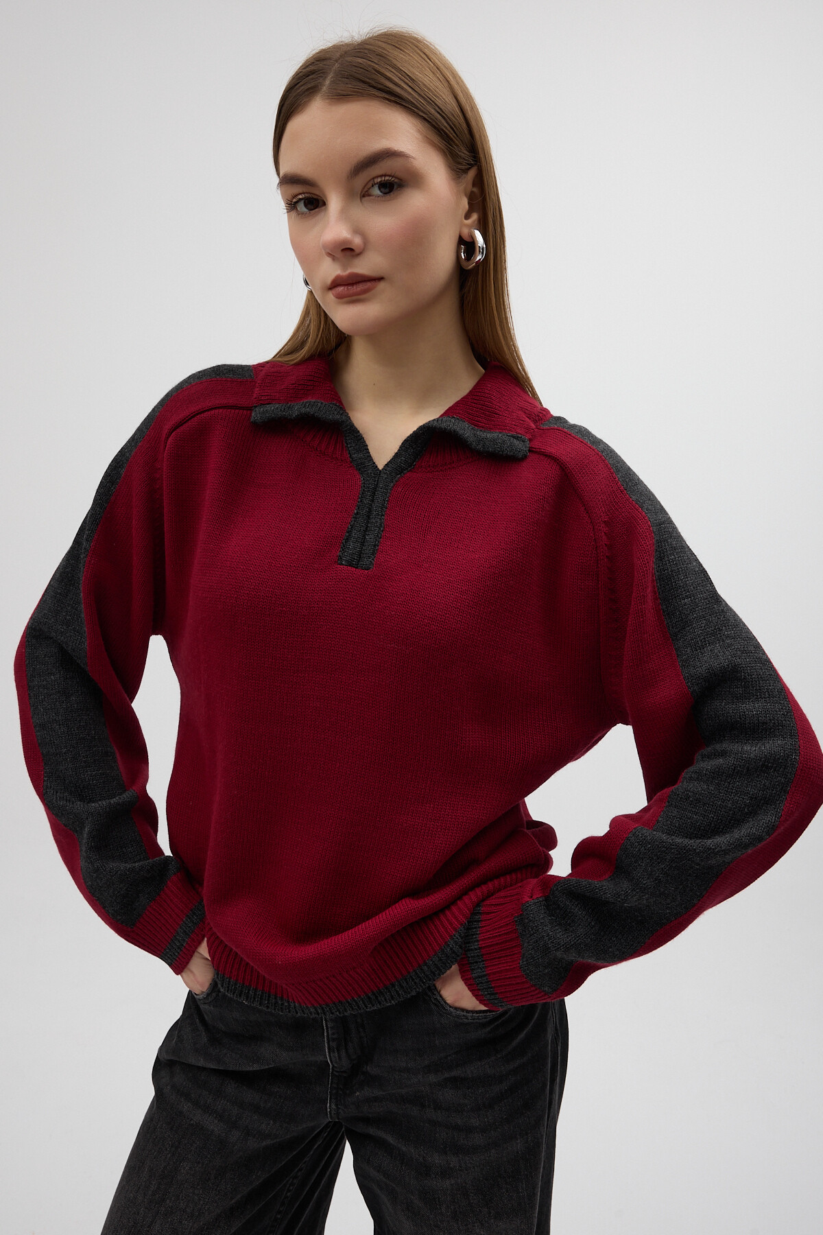 Bordo Omuz Detaylı Fermuar Yaka Kadın Kazak 2233 - 1