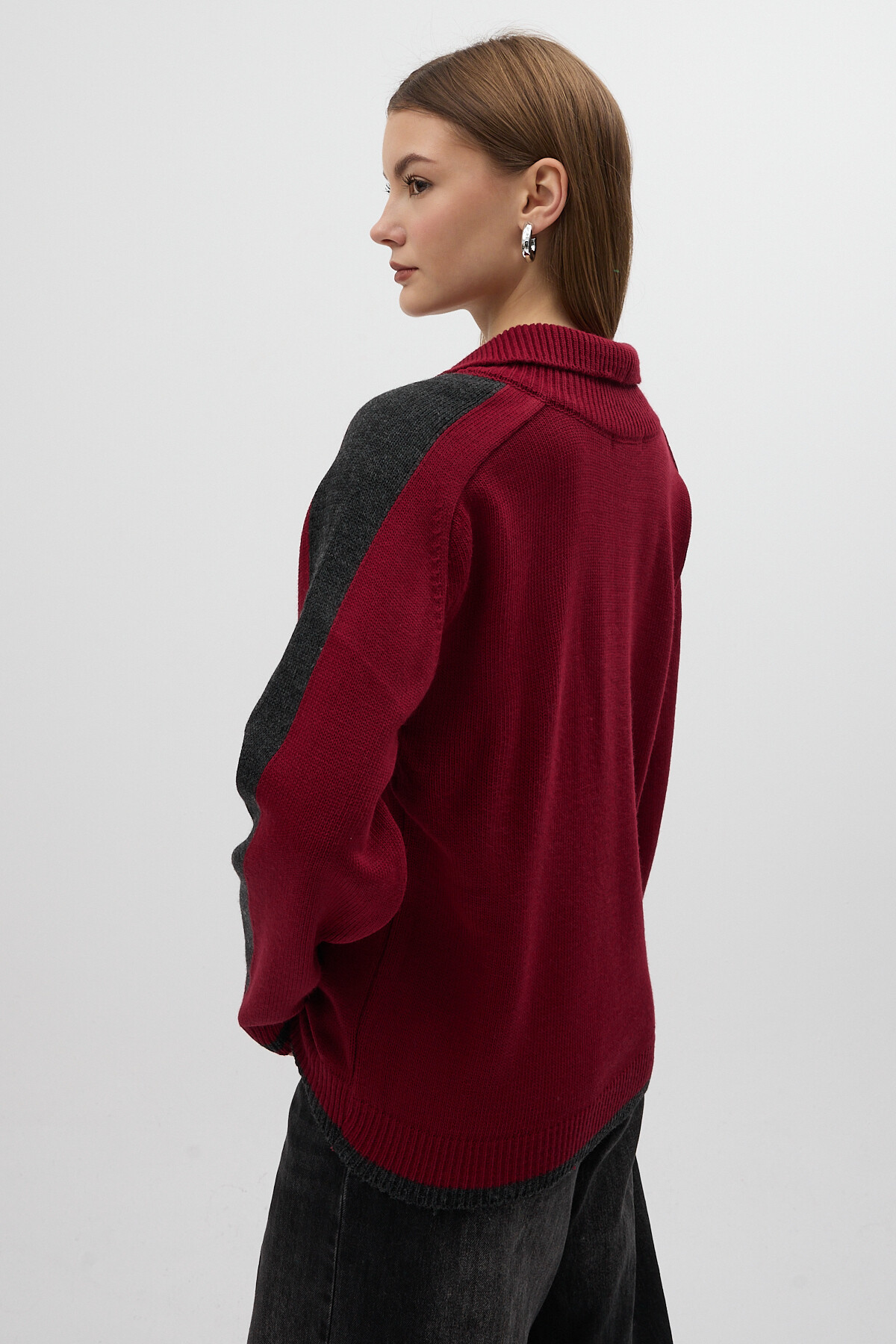 Bordo Omuz Detaylı Fermuar Yaka Kadın Kazak 2233 - 2