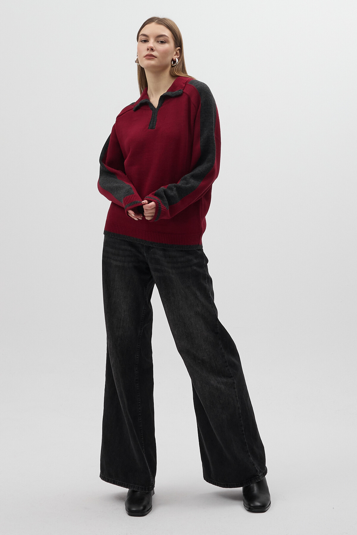 Bordo Omuz Detaylı Fermuar Yaka Kadın Kazak 2233 - 6