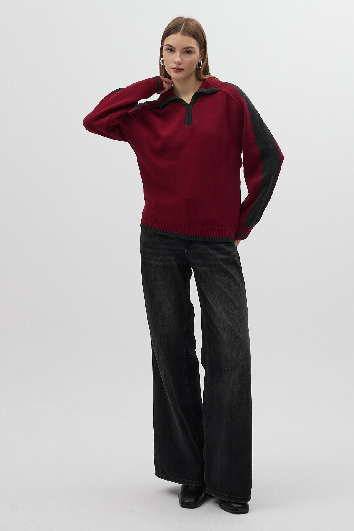 Bordo Omuz Detaylı Fermuar Yaka Kadın Kazak 2233 - 3