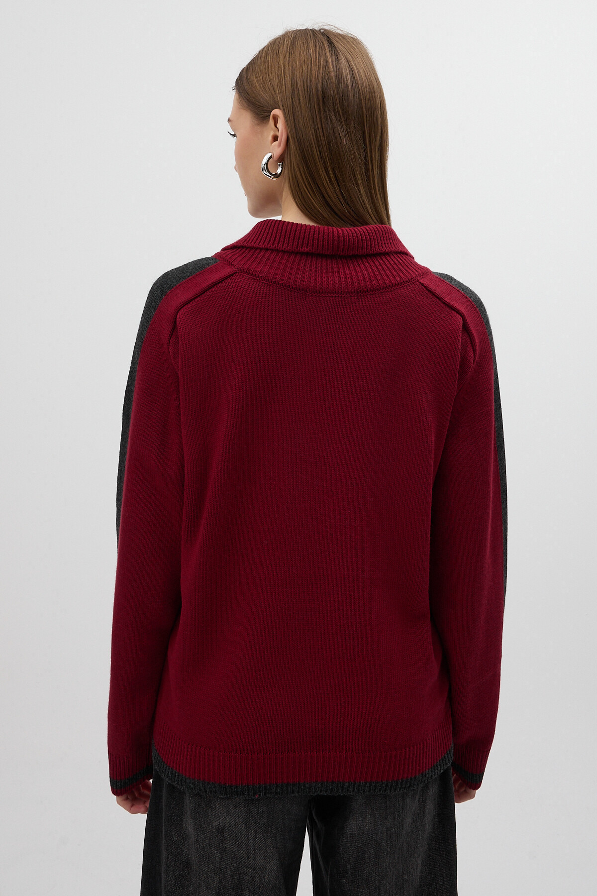 Bordo Omuz Detaylı Fermuar Yaka Kadın Kazak 2233 - 4