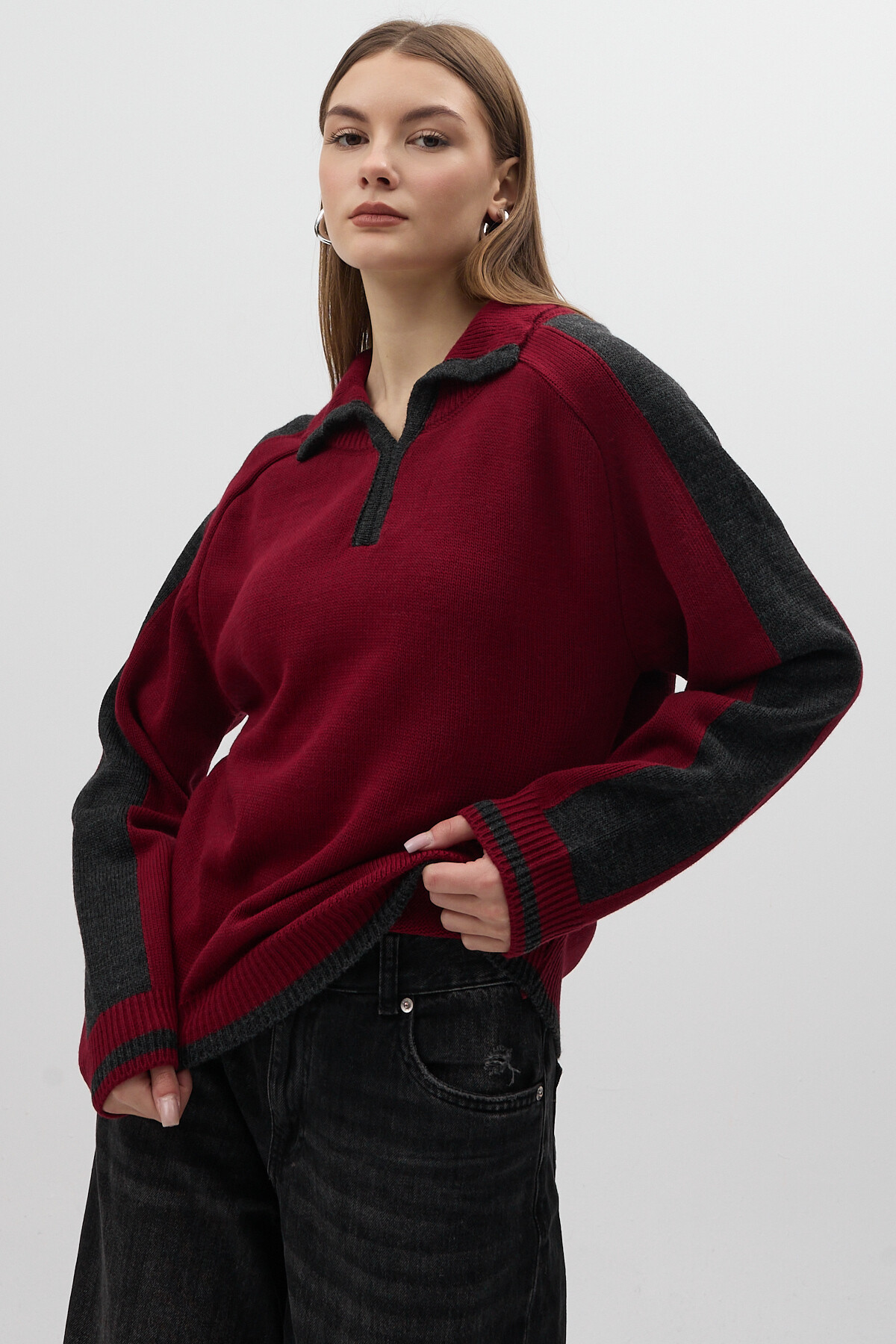 Bordo Omuz Detaylı Fermuar Yaka Kadın Kazak 2233 - 5