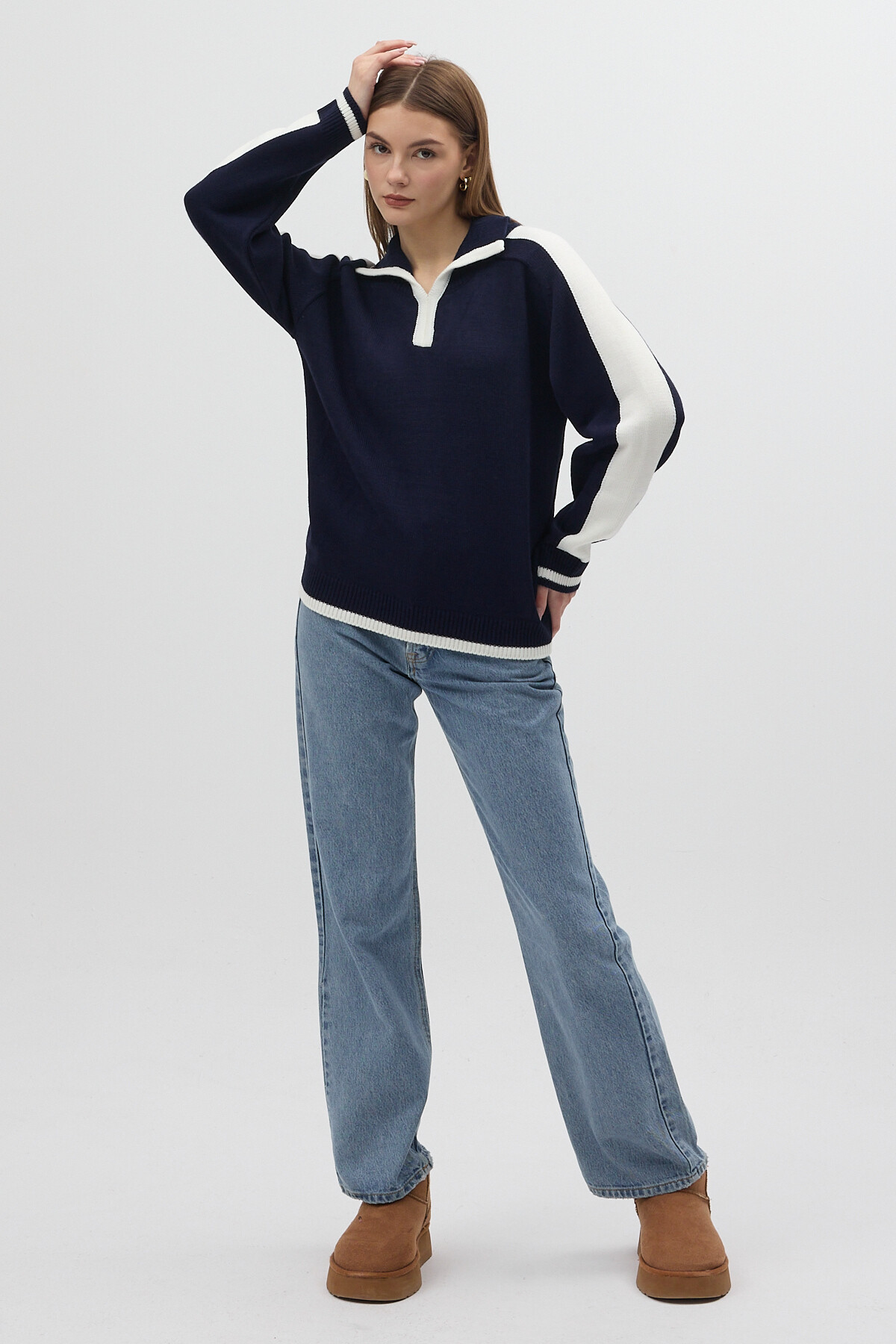 Lacivert Omuz Detaylı Fermuar Yaka Kadın Kazak 2233 - 5