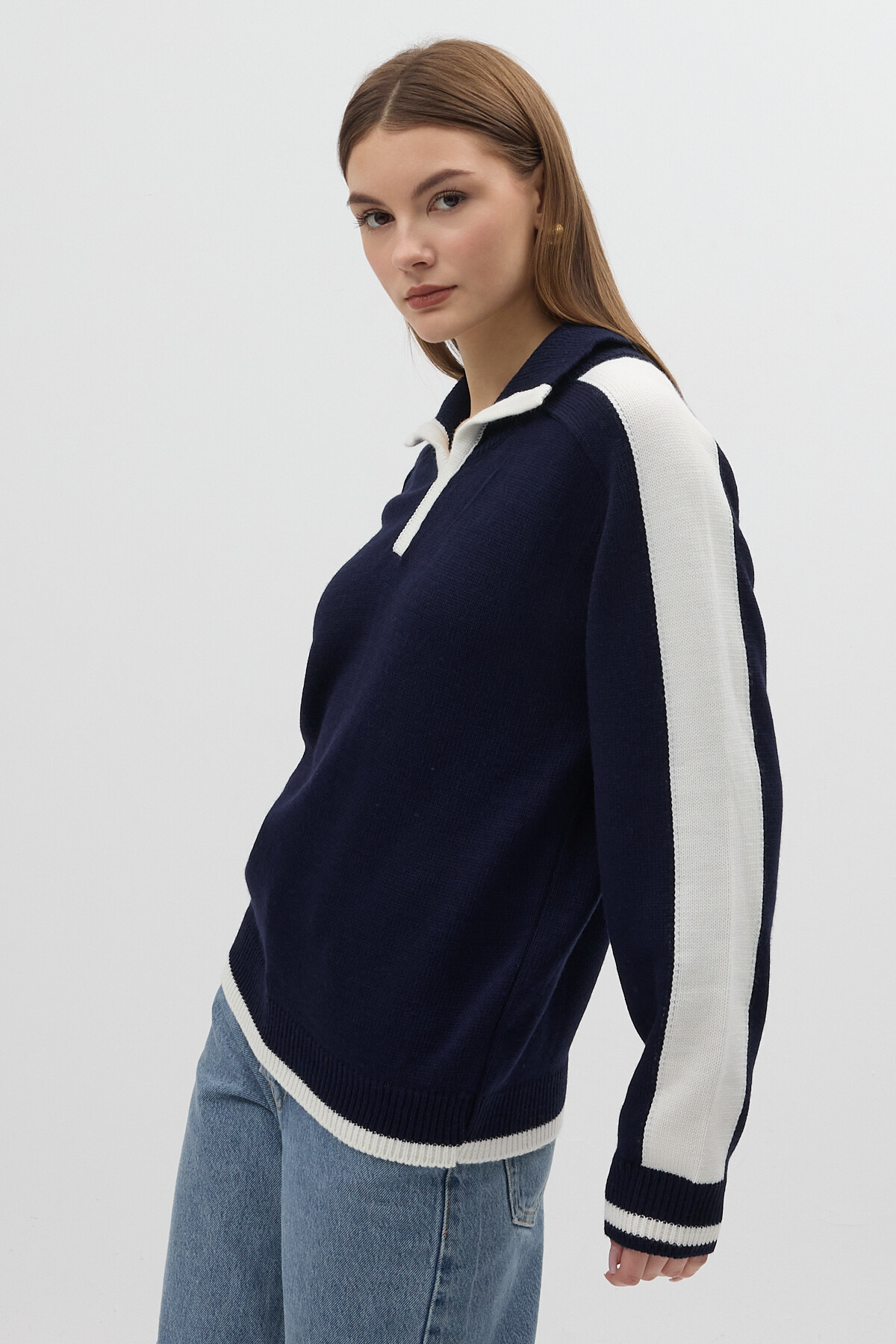 Lacivert Omuz Detaylı Fermuar Yaka Kadın Kazak 2233 