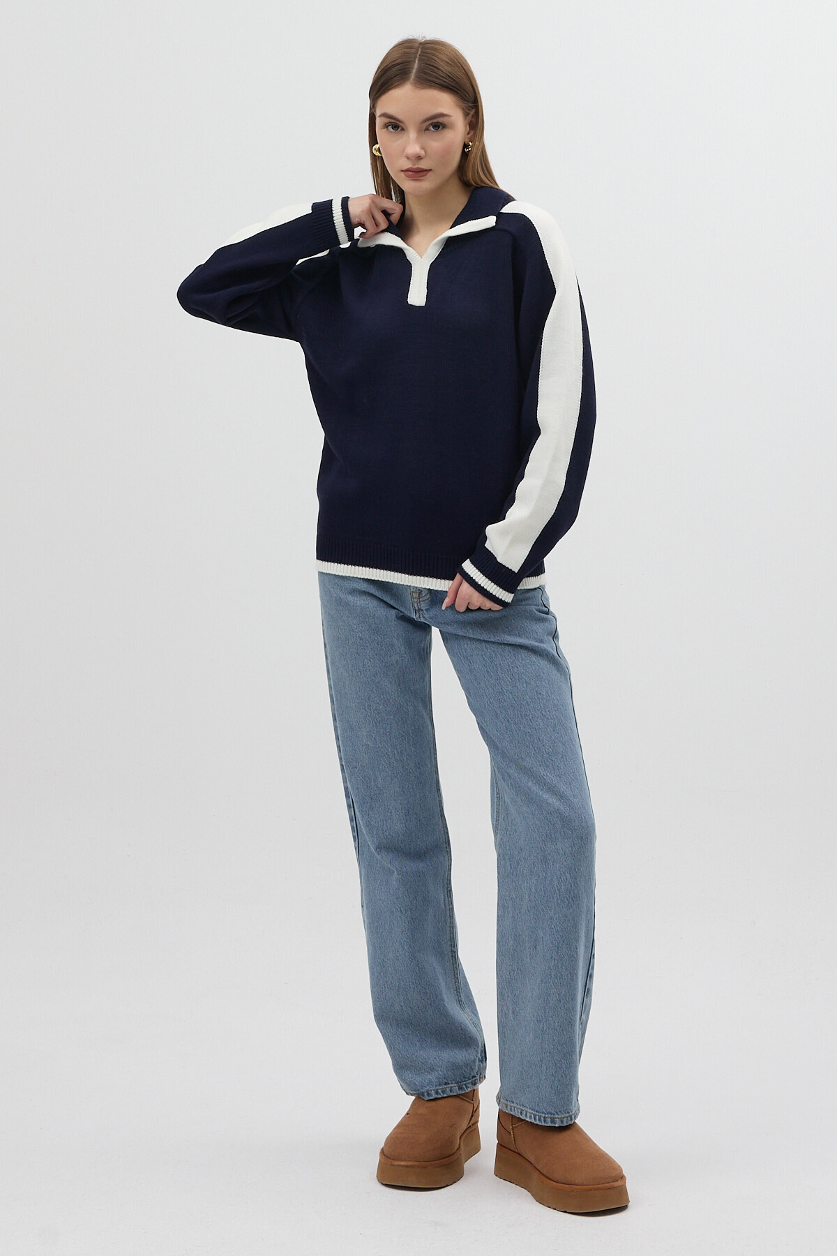 Lacivert Omuz Detaylı Fermuar Yaka Kadın Kazak 2233 - 3