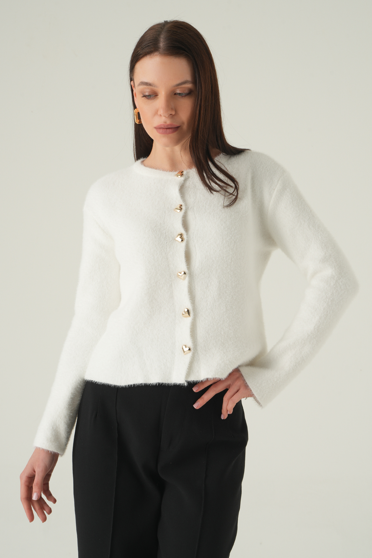 Ekru Kadın Yumoş Dokulu Düğmeli Triko Hırka 2241 - RAYS