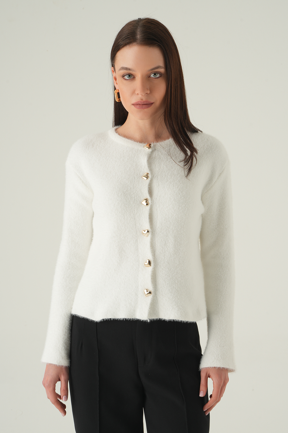 Ekru Kadın Yumoş Dokulu Düğmeli Triko Hırka 2241 - RAYS