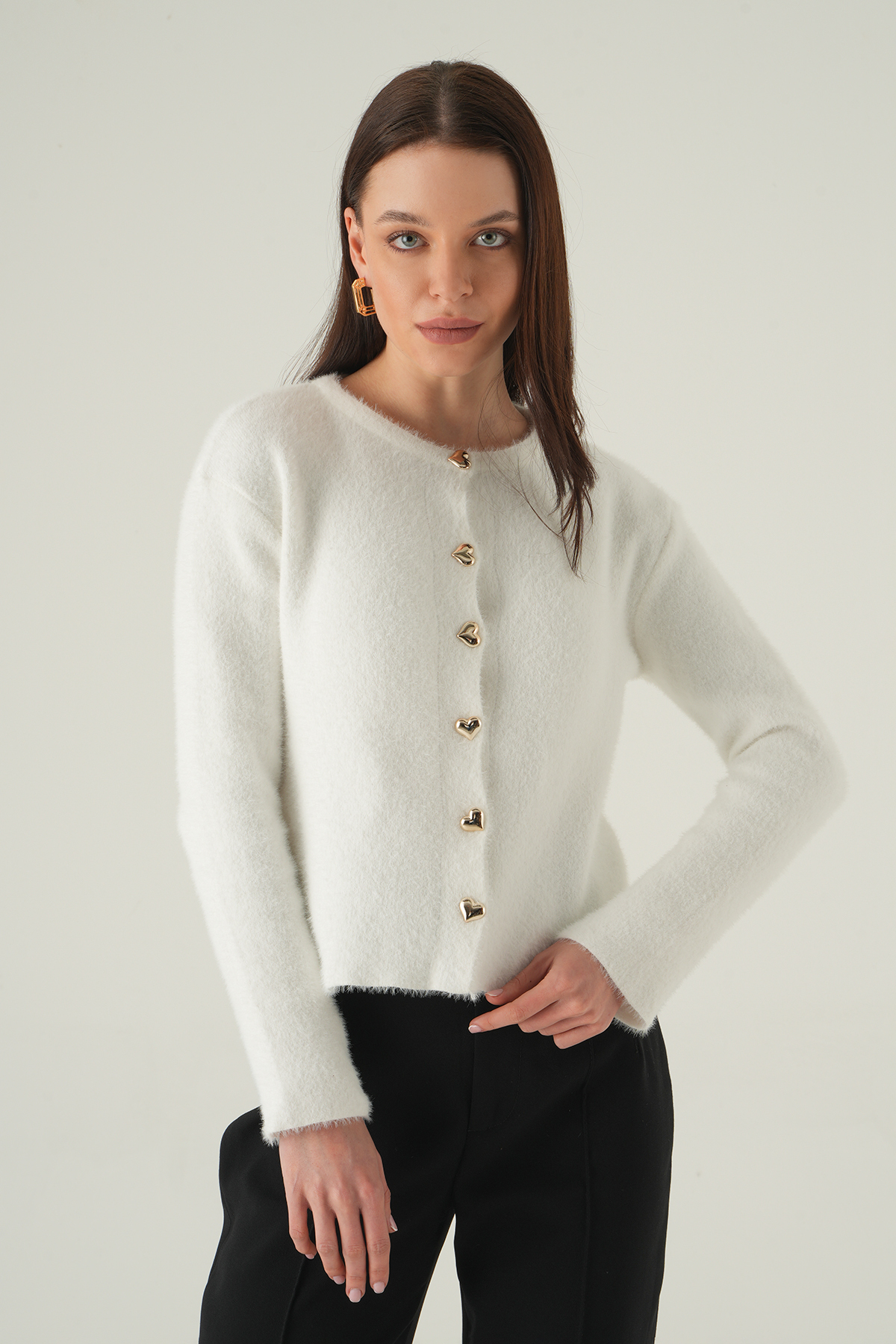 Ekru Kadın Yumoş Dokulu Düğmeli Triko Hırka 2241 - 6