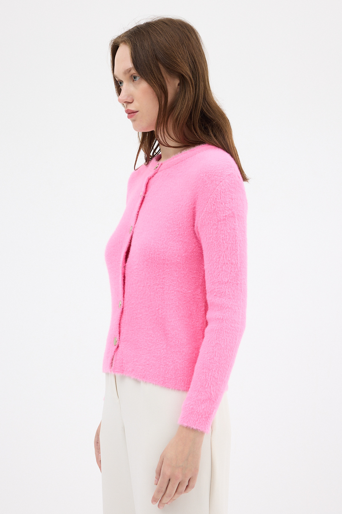 Pembe Kadın Yumoş Dokulu Düğmeli Triko Hırka 2241 - RAYS (1)