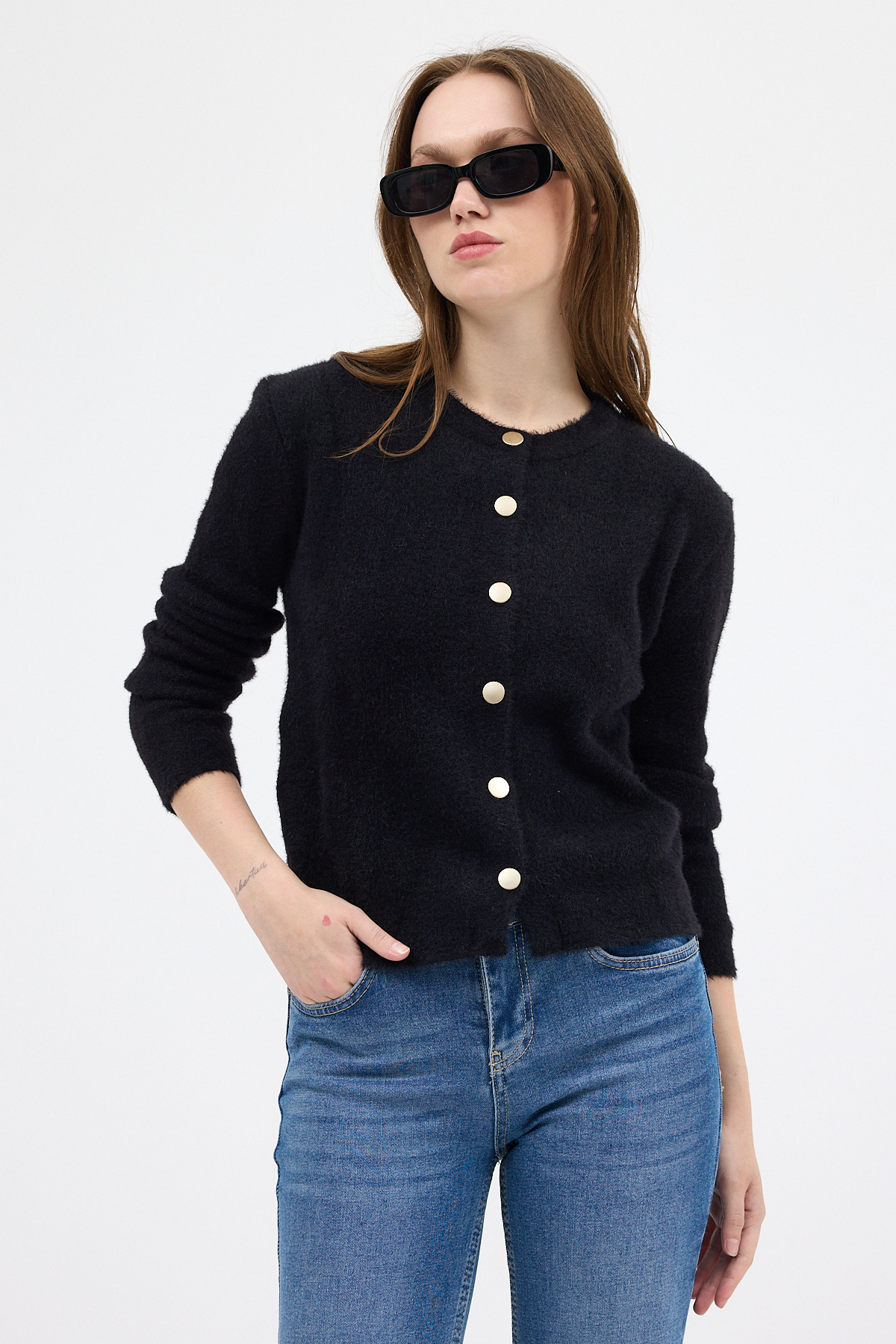 Siyah Kadın Yumoş Dokulu Düğmeli Triko Hırka 2241 