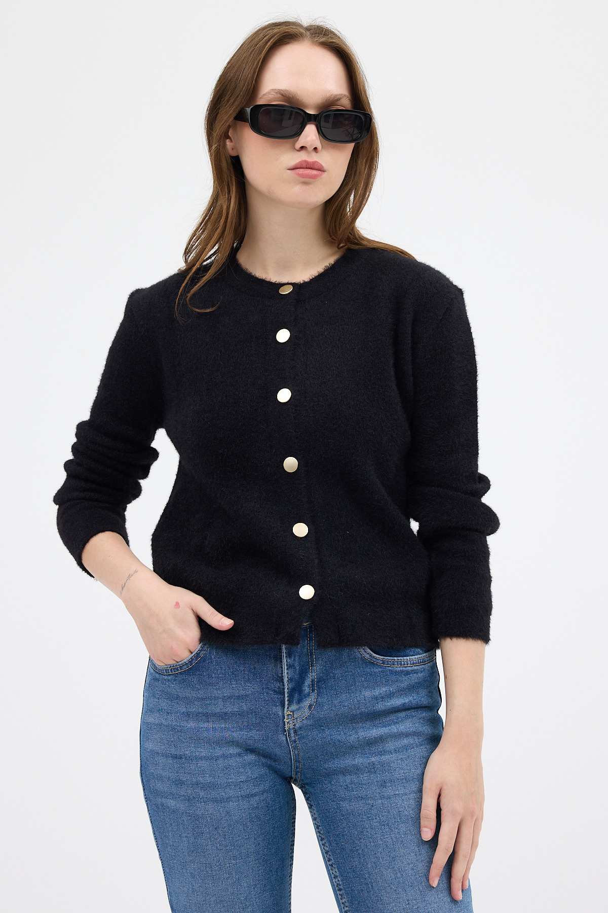 Siyah Kadın Yumoş Dokulu Düğmeli Triko Hırka 2241 - 6