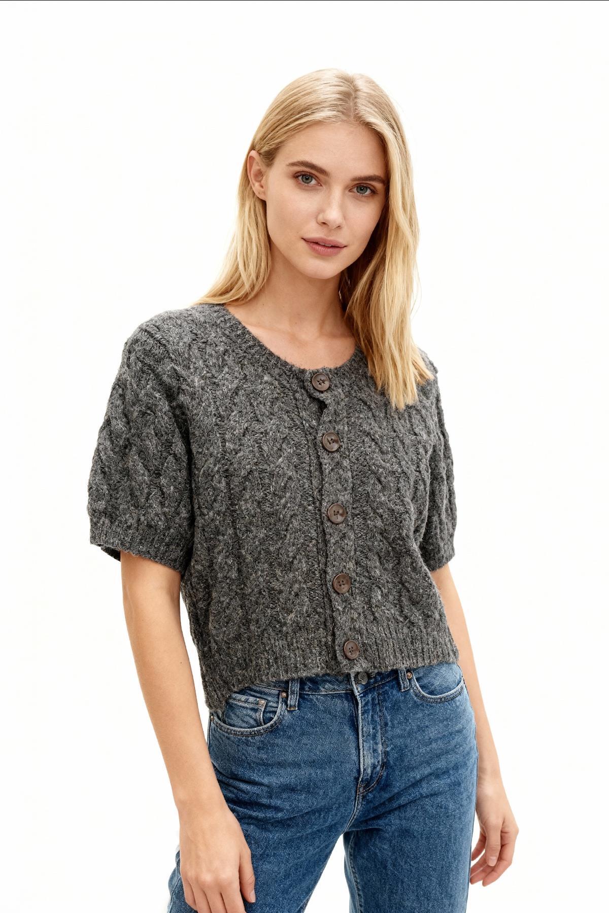 2262 Düğmeli Crop Hırka Antrasit - 1