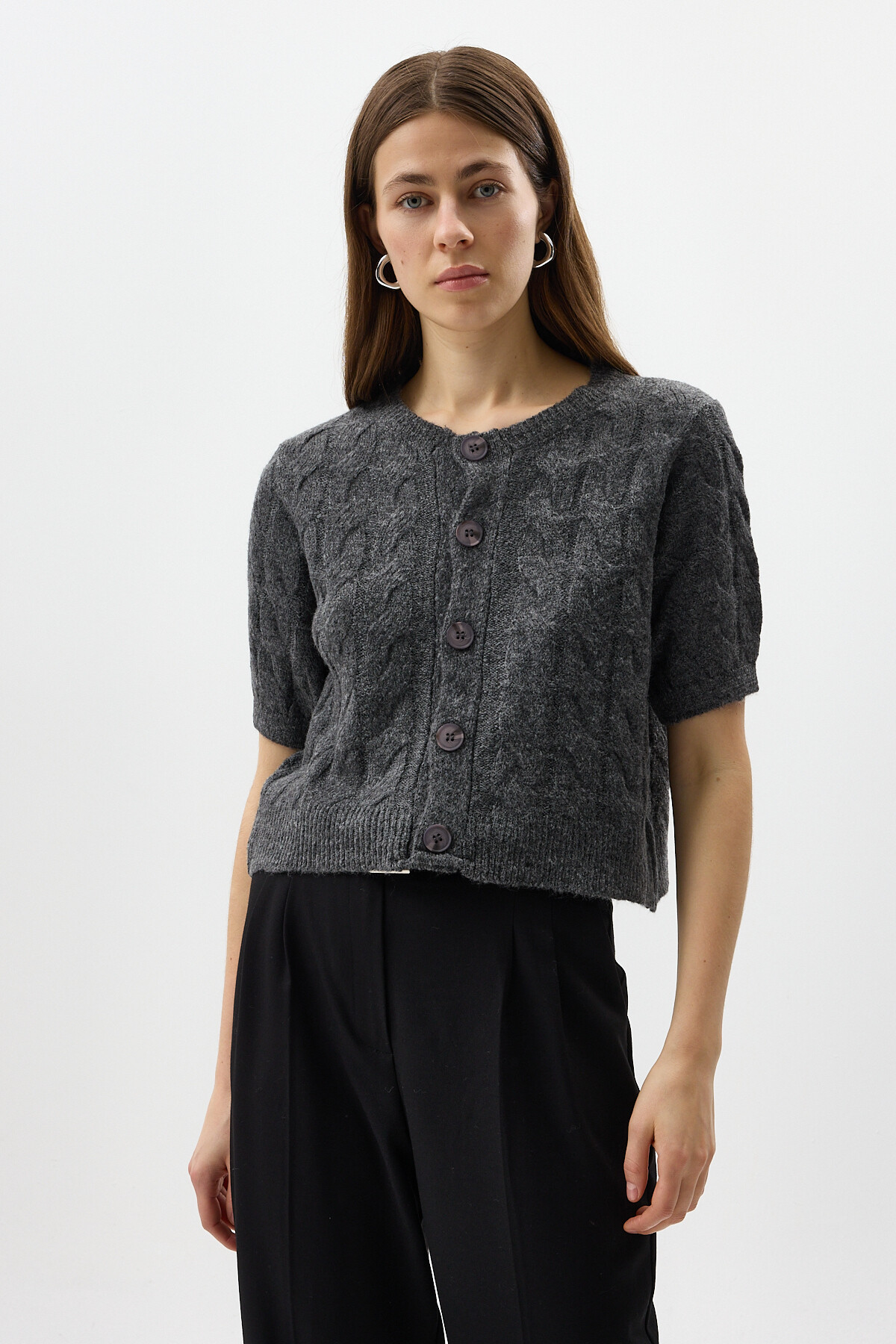 Antrasit Örgü Kısa Kollu Düğmeli Crop Kadın Hırka 2262 - RAYS (1)