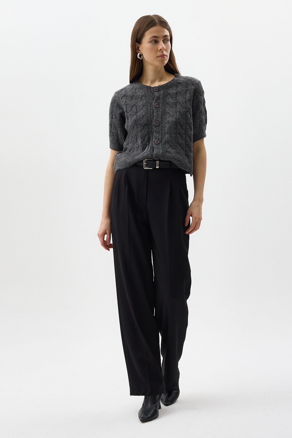 Antrasit Örgü Kısa Kollu Düğmeli Crop Kadın Hırka 2262 - 3