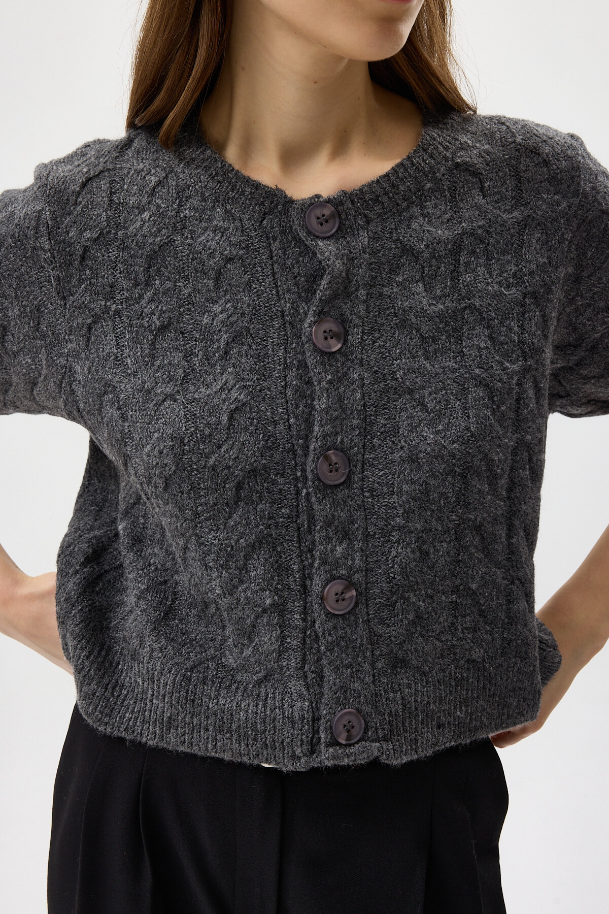 Antrasit Örgü Kısa Kollu Düğmeli Crop Kadın Hırka 2262 - 4