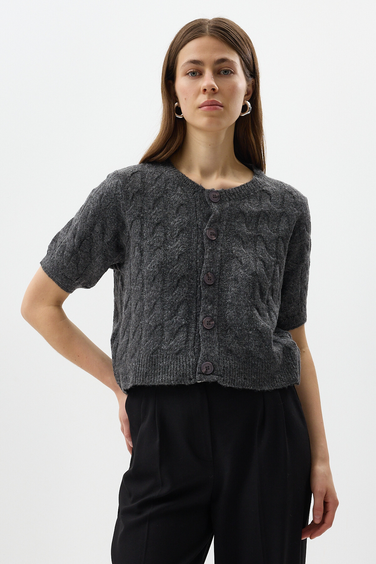 Antrasit Örgü Kısa Kollu Düğmeli Crop Kadın Hırka 2262 - 6