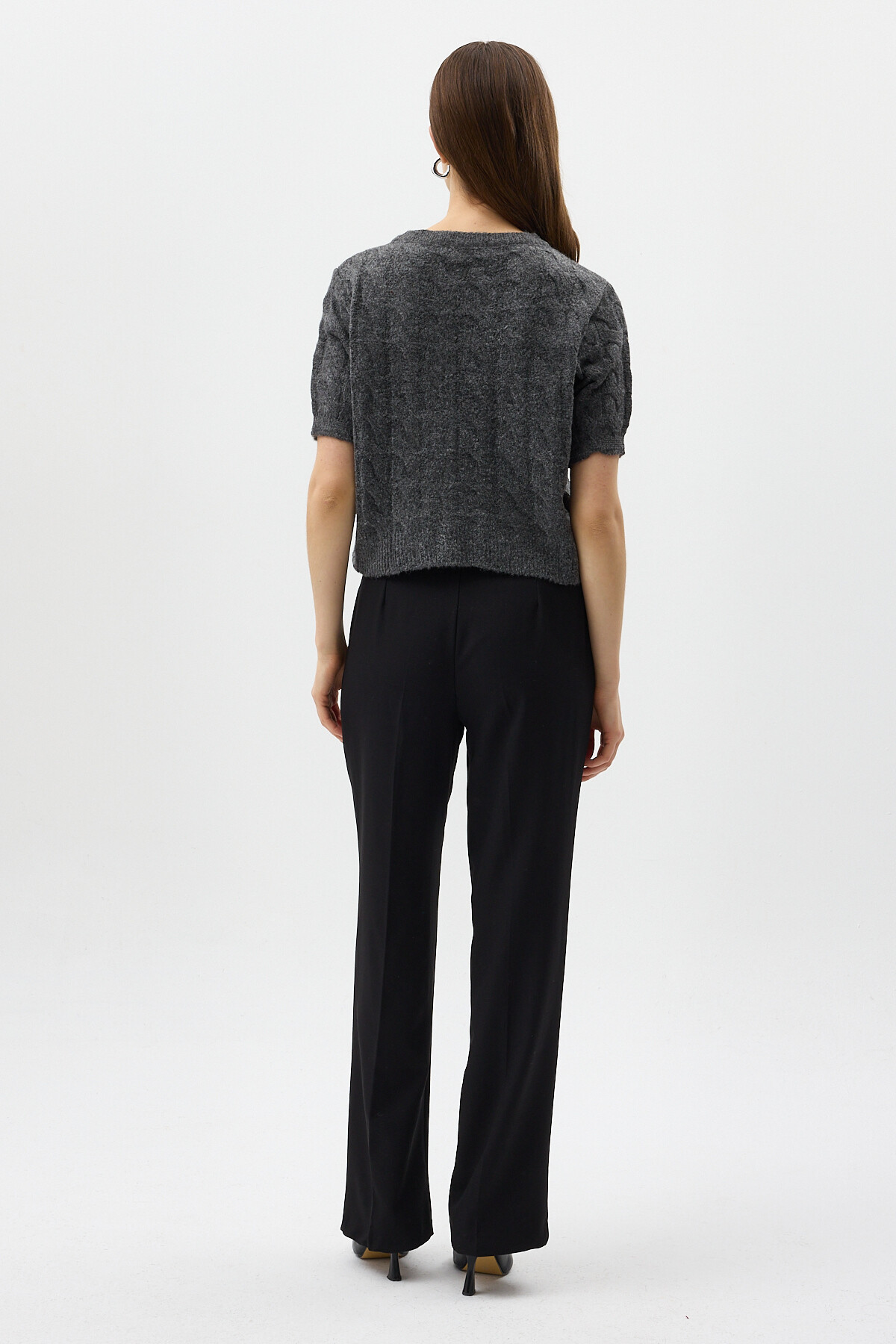 Antrasit Örgü Kısa Kollu Düğmeli Crop Kadın Hırka 2262 - 5
