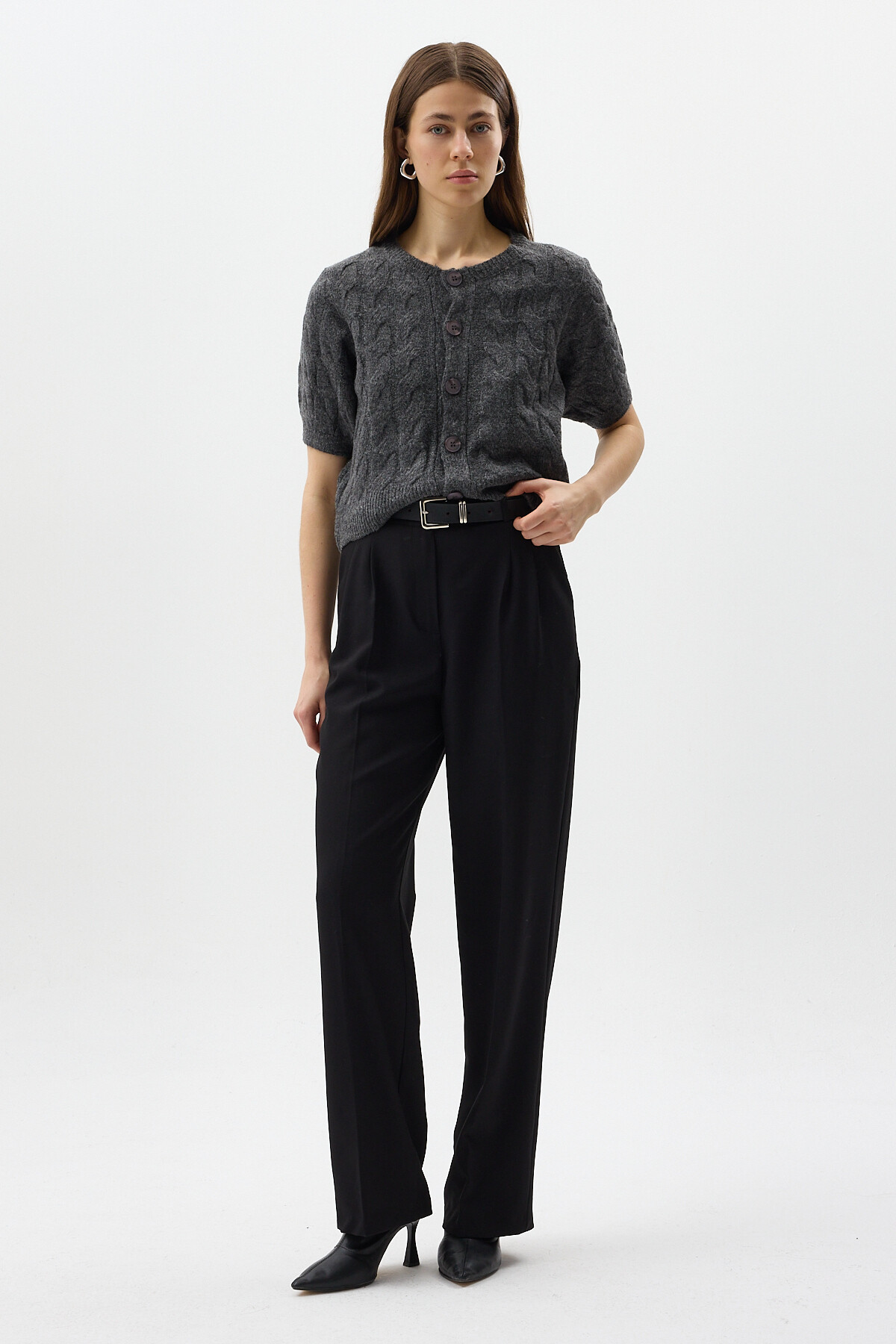 Antrasit Örgü Kısa Kollu Düğmeli Crop Kadın Hırka 2262 - 7