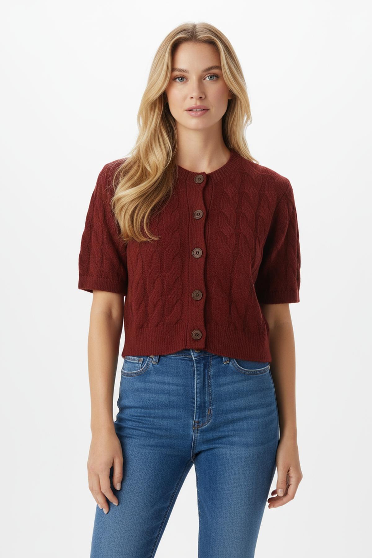 2262 Düğmeli Crop Hırka Bordo - RAYS